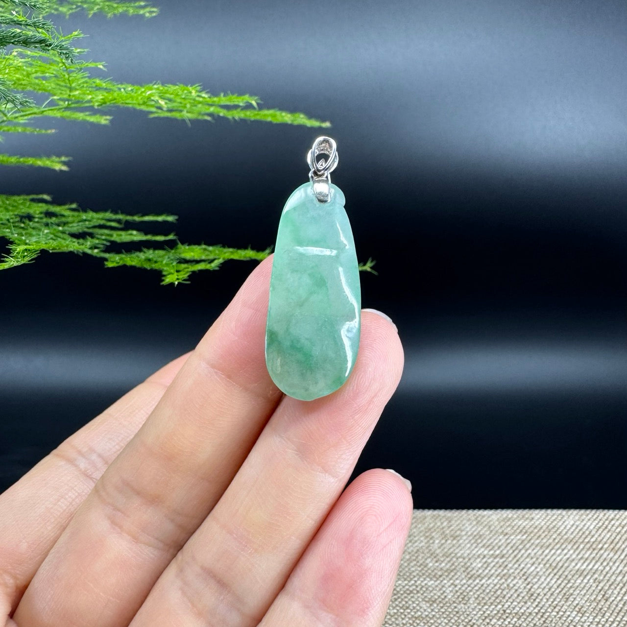 RealJade® Co. Genuine Icy Green  Jadeite Jade Bean Necklace With 18K White Gold Bail