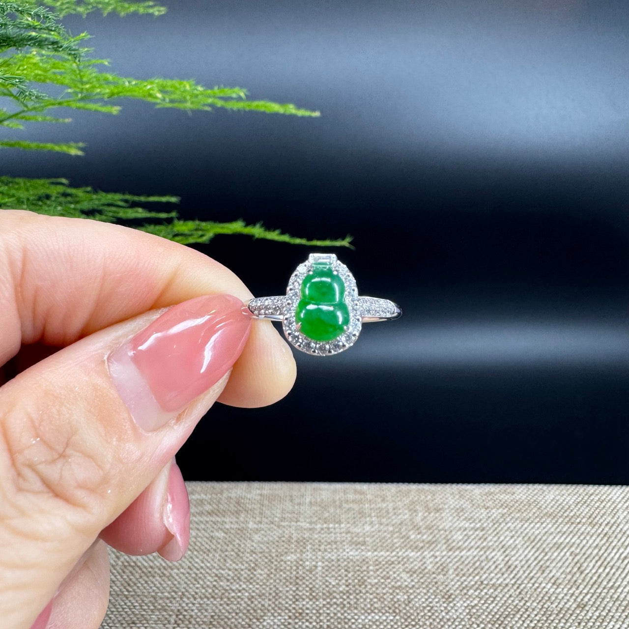 The ring shape of the hulu.The ring color is green.