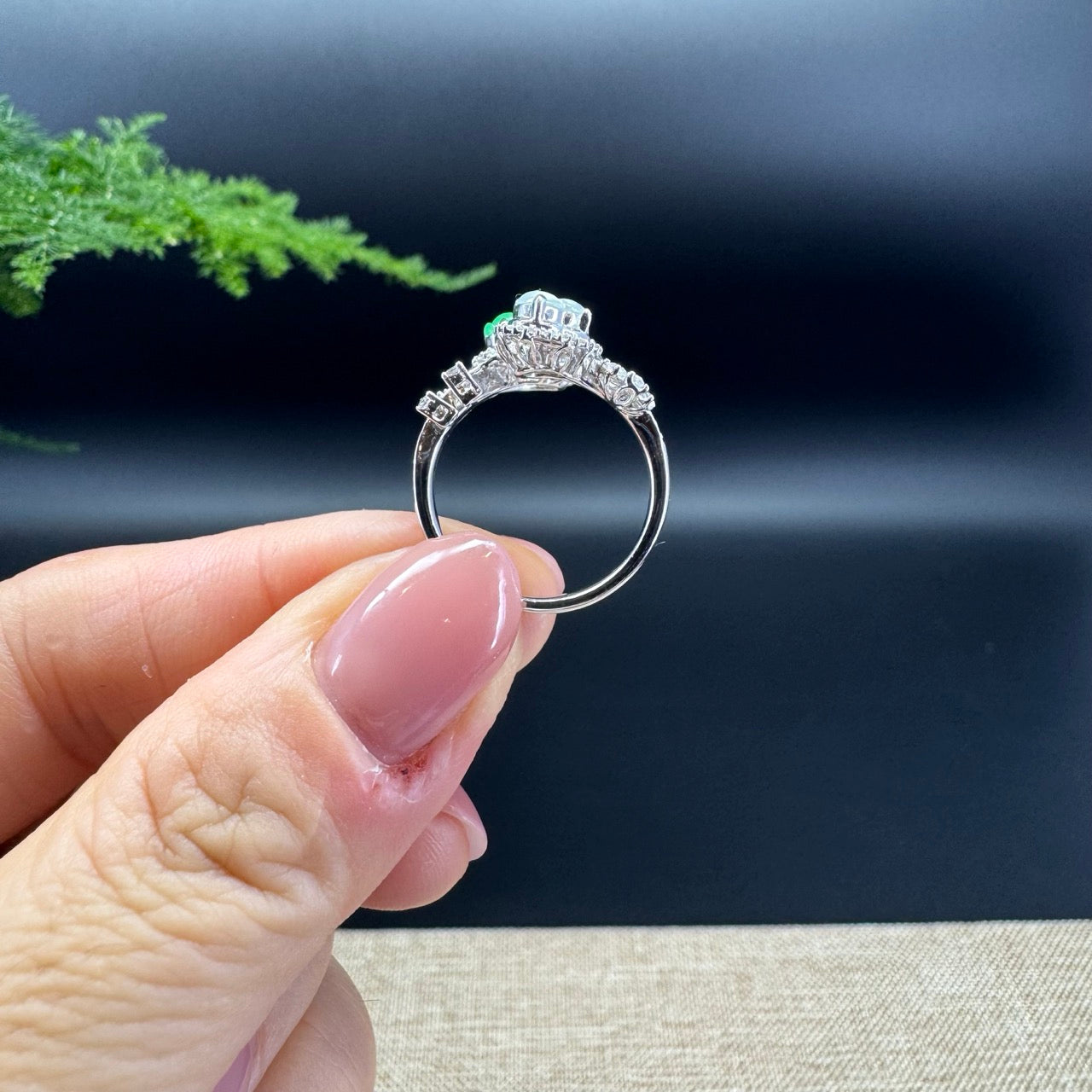 RealJade® 18k White Gold Natural Icy&Green Jadeite Hulu Ring With Diamonds