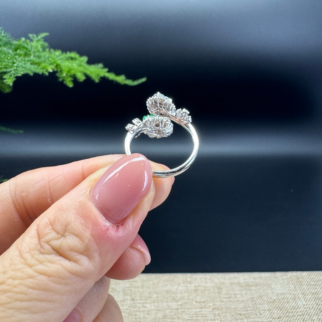 RealJade® 18k White Gold Natural Icy&Green Jadeite Hulu Ring With Diamonds