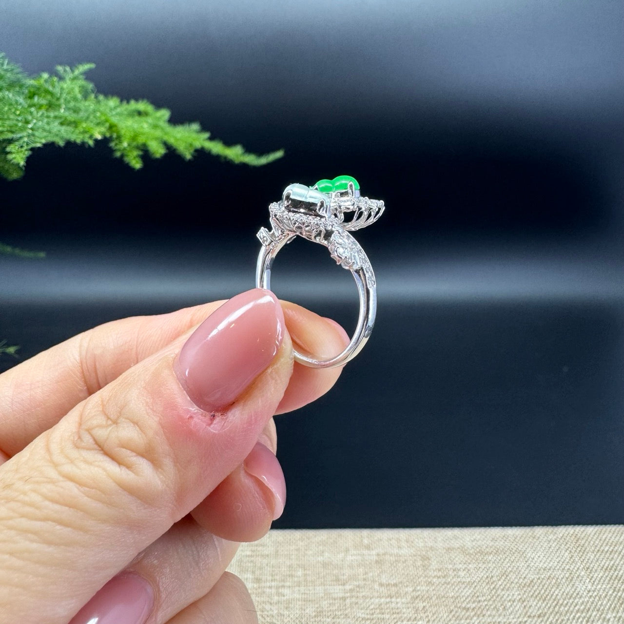 RealJade® 18k White Gold Natural Icy&Green Jadeite Hulu Ring With Diamonds