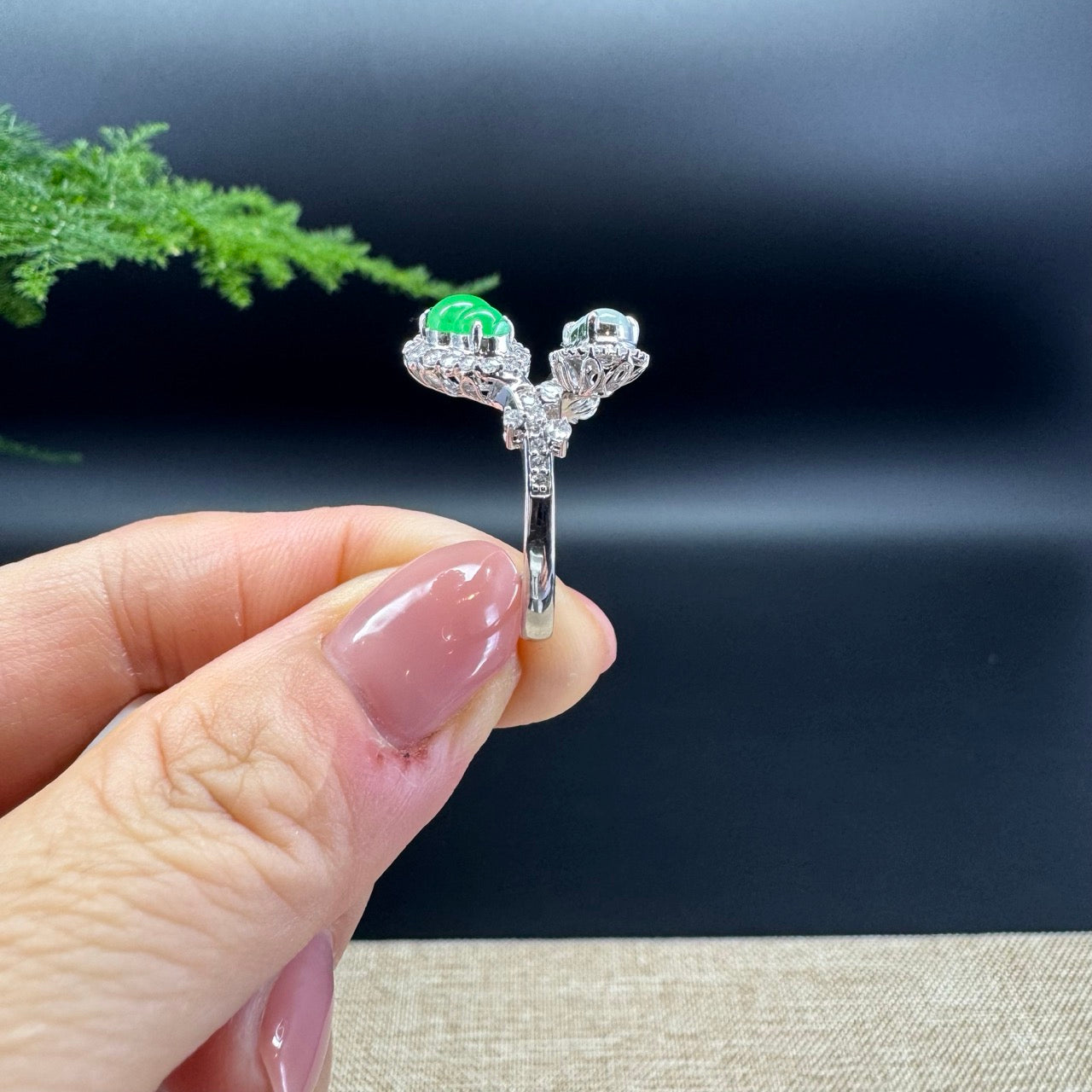 RealJade® 18k White Gold Natural Icy&Green Jadeite Hulu Ring With Diamonds