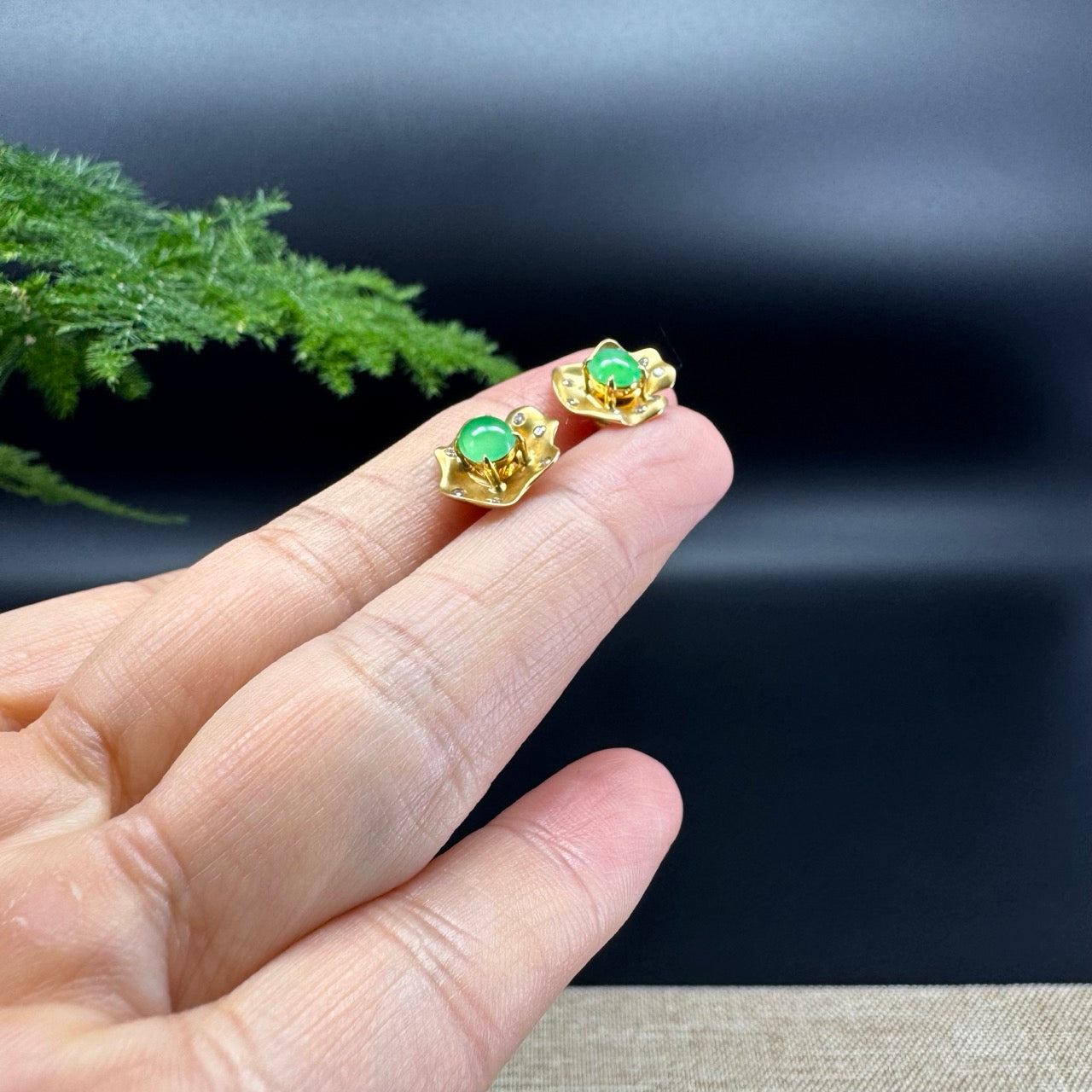 18k Yellow Gold Green Jadeite Jade 'Lotus Leaf' Stud Earrings with Diamonds