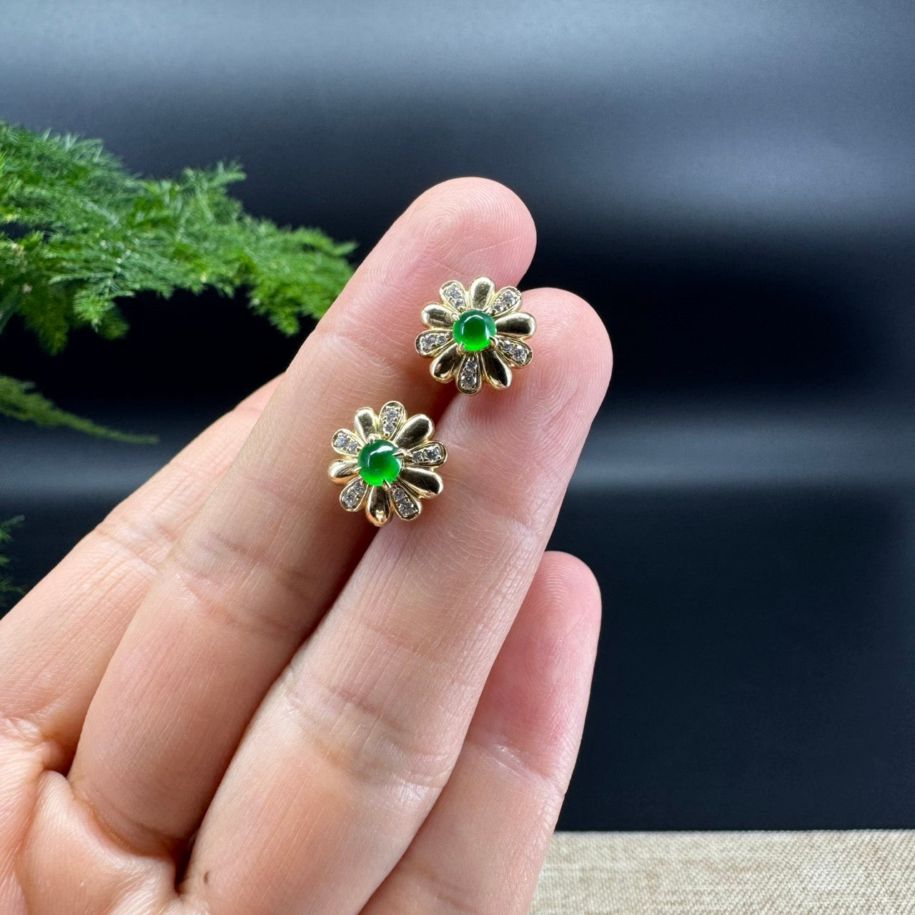 RealJade® 18k Yellow Gold Classic Imperial Green Jade Flower Stud Earrings with Diamonds