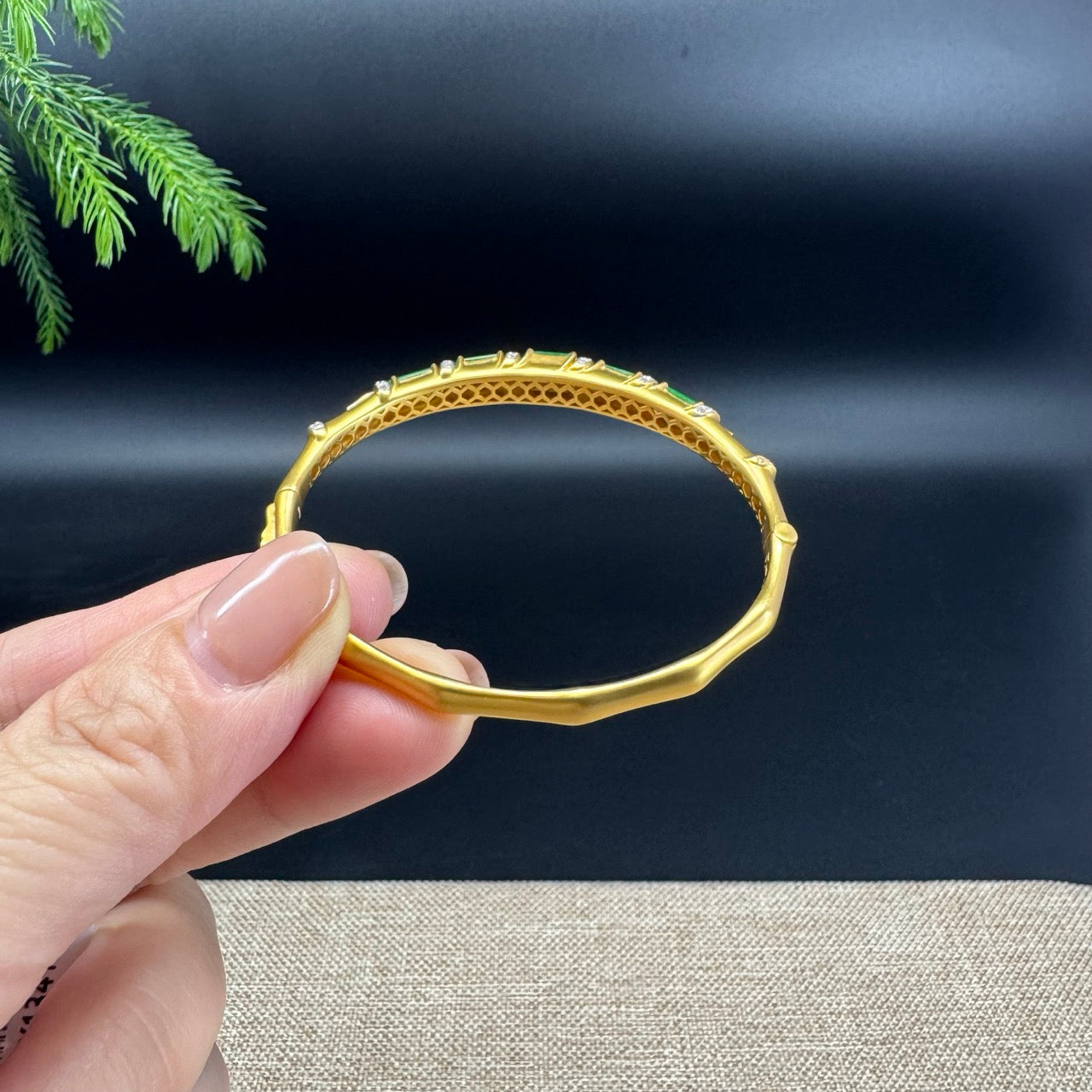 RealJade Luxury 18K Yellow Gold Genuine Green Jadeite Jade Bamboo Bangle