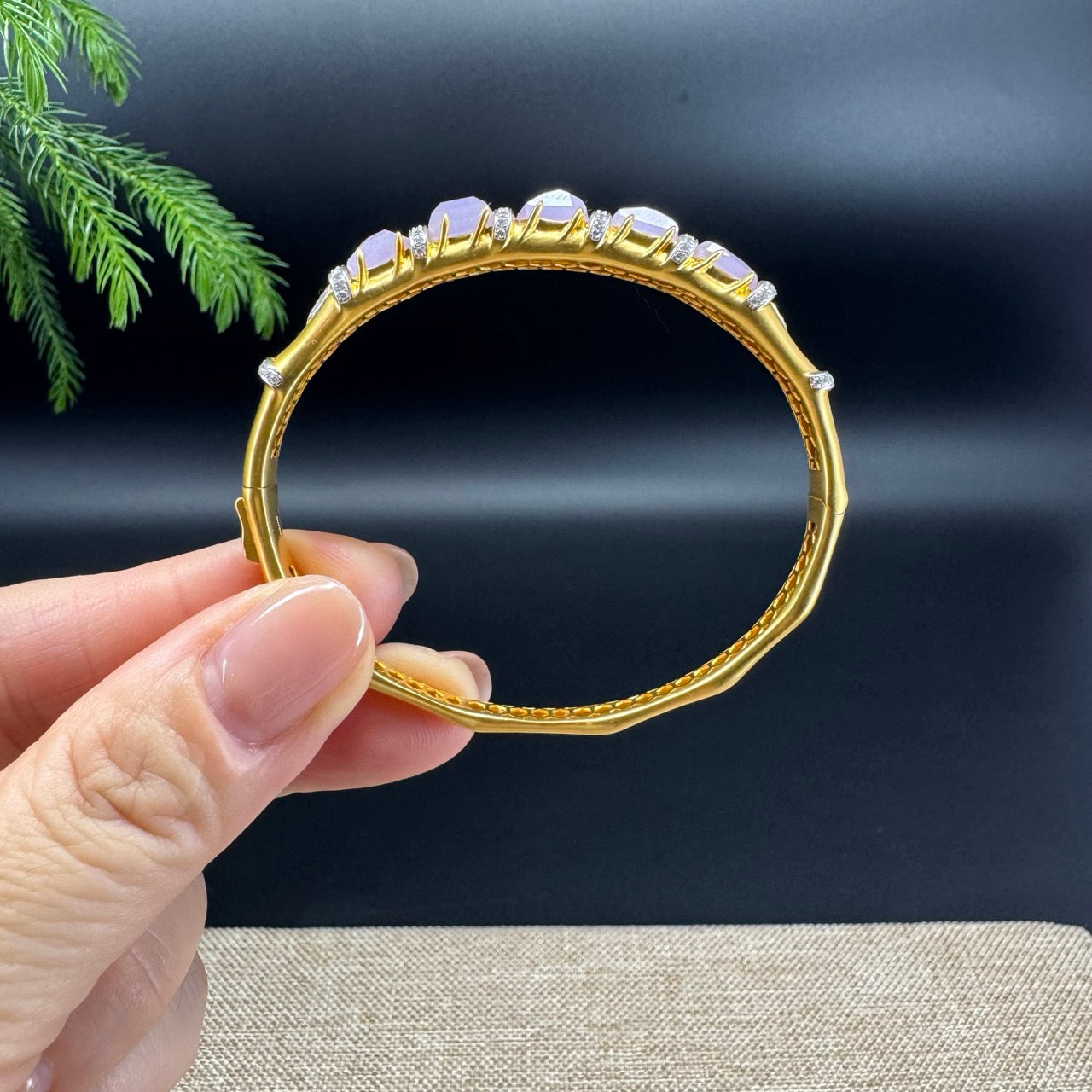 RealJade Luxury 18K Yellow Gold Genuine Lavender Jadeite Jade Bamboo Bangle