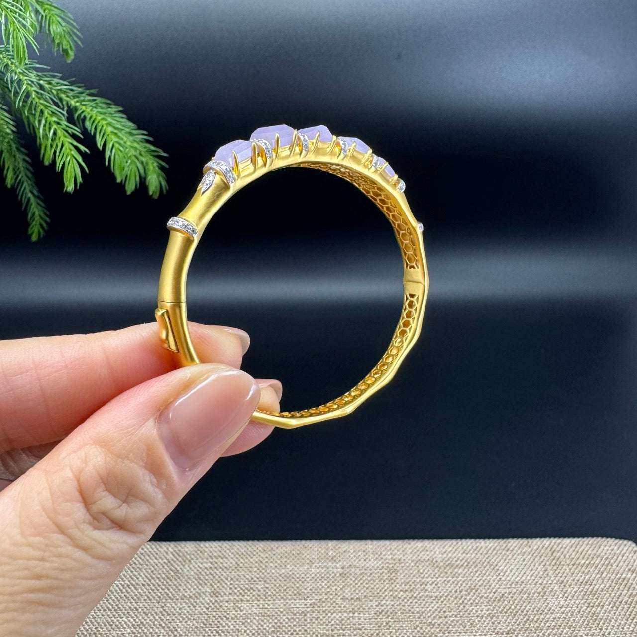 RealJade Luxury 18K Yellow Gold Genuine Lavender Jadeite Jade Bamboo Bangle