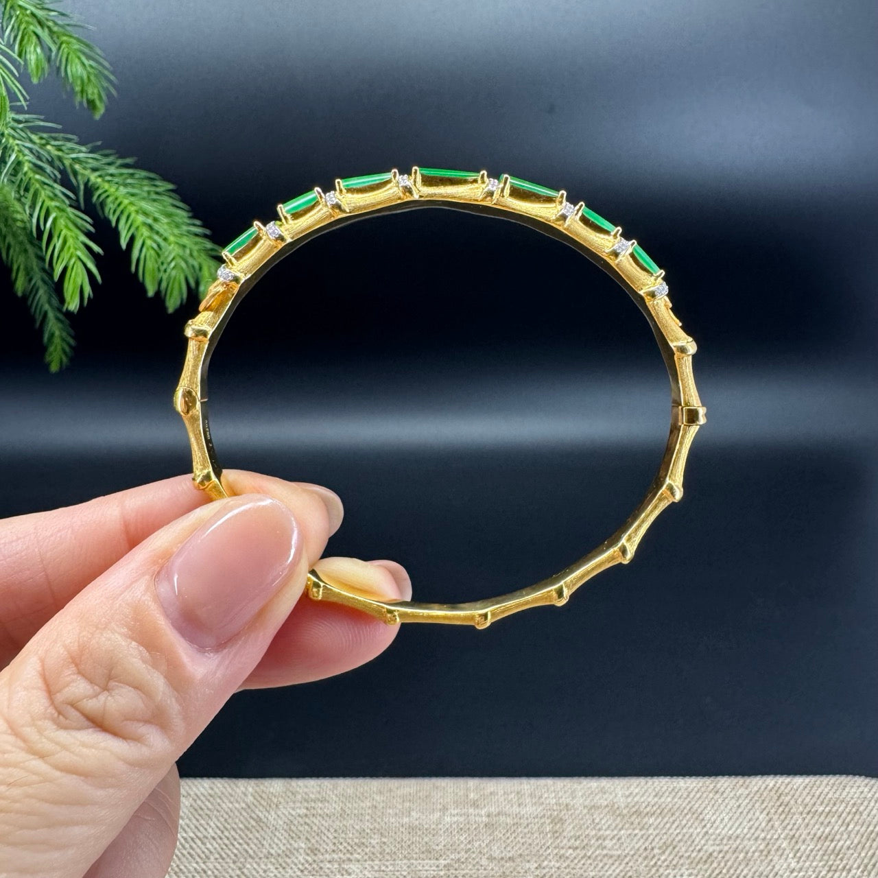 RealJade Luxury 18K Yellow Gold Genuine Green Jadeite Jade Bamboo Bangle