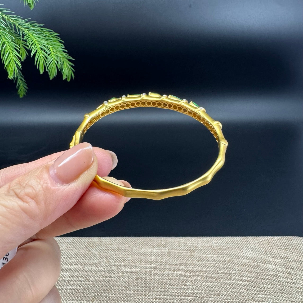 RealJade Luxury 18K Yellow Gold Genuine Green Jadeite Jade Bamboo Bangle With Diamonds