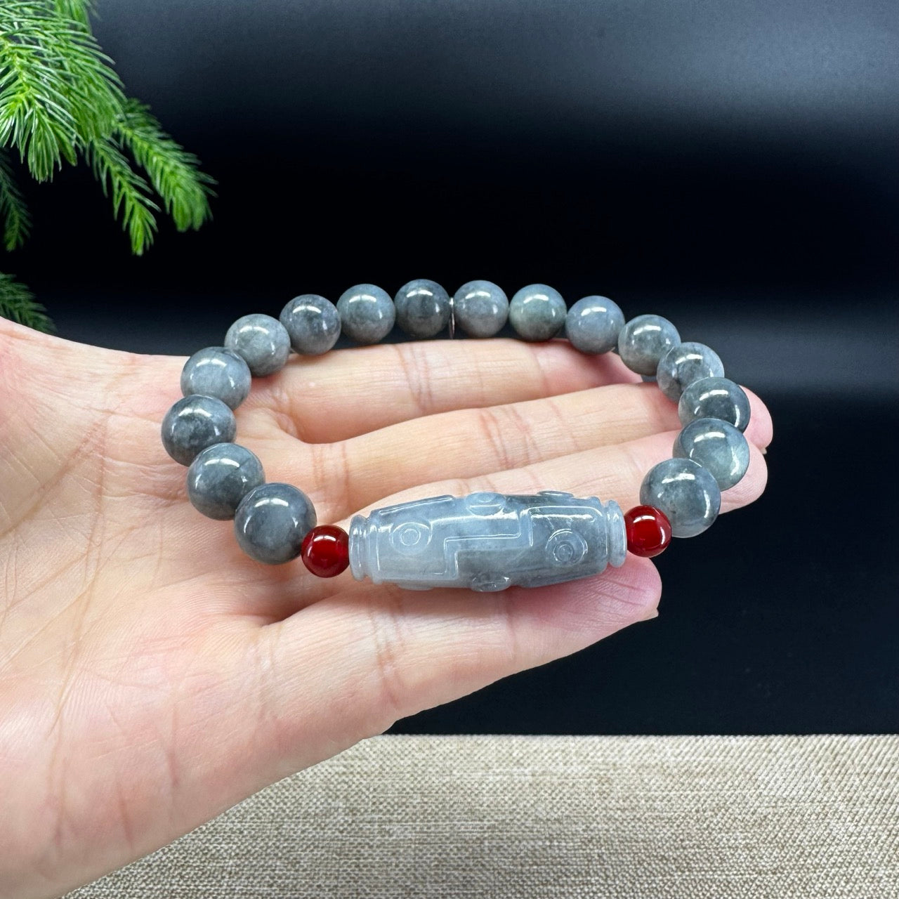 RealJade® Co. Genuine Jadeite Jade Round Wuji Dzi Beads Bracelet (10mm)