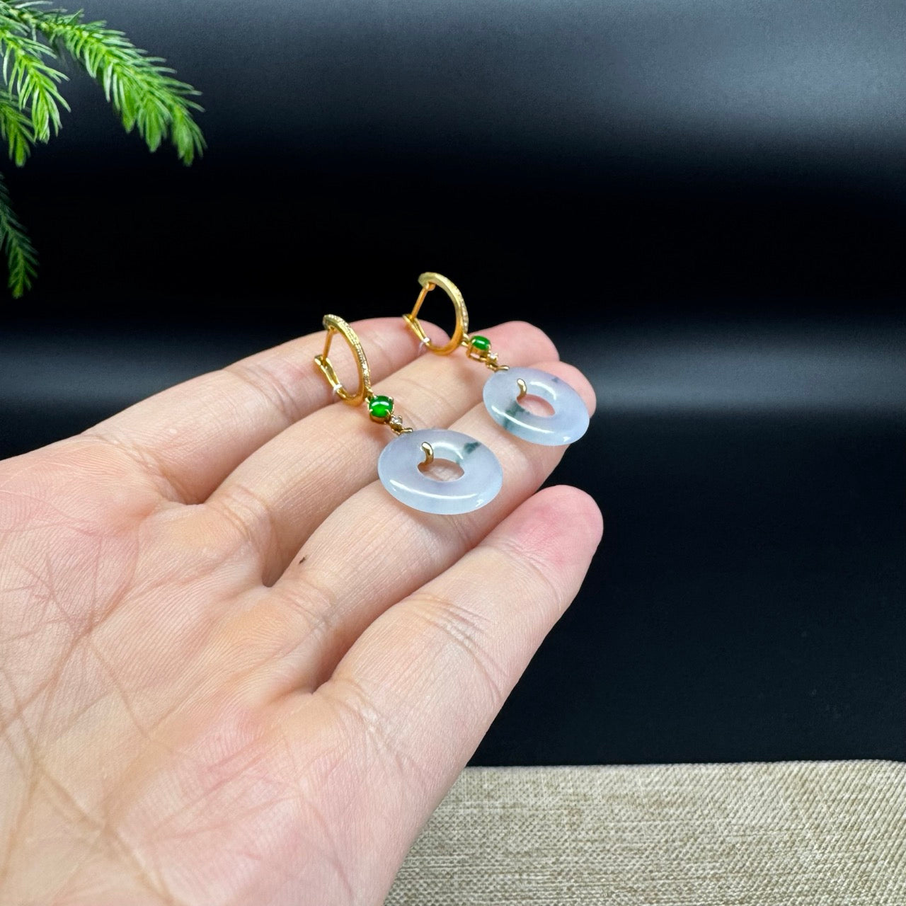 18k Yellow Gold Genuine Icy Lavender Green  KouKou Jadeite Jade Earrings With Diamonds