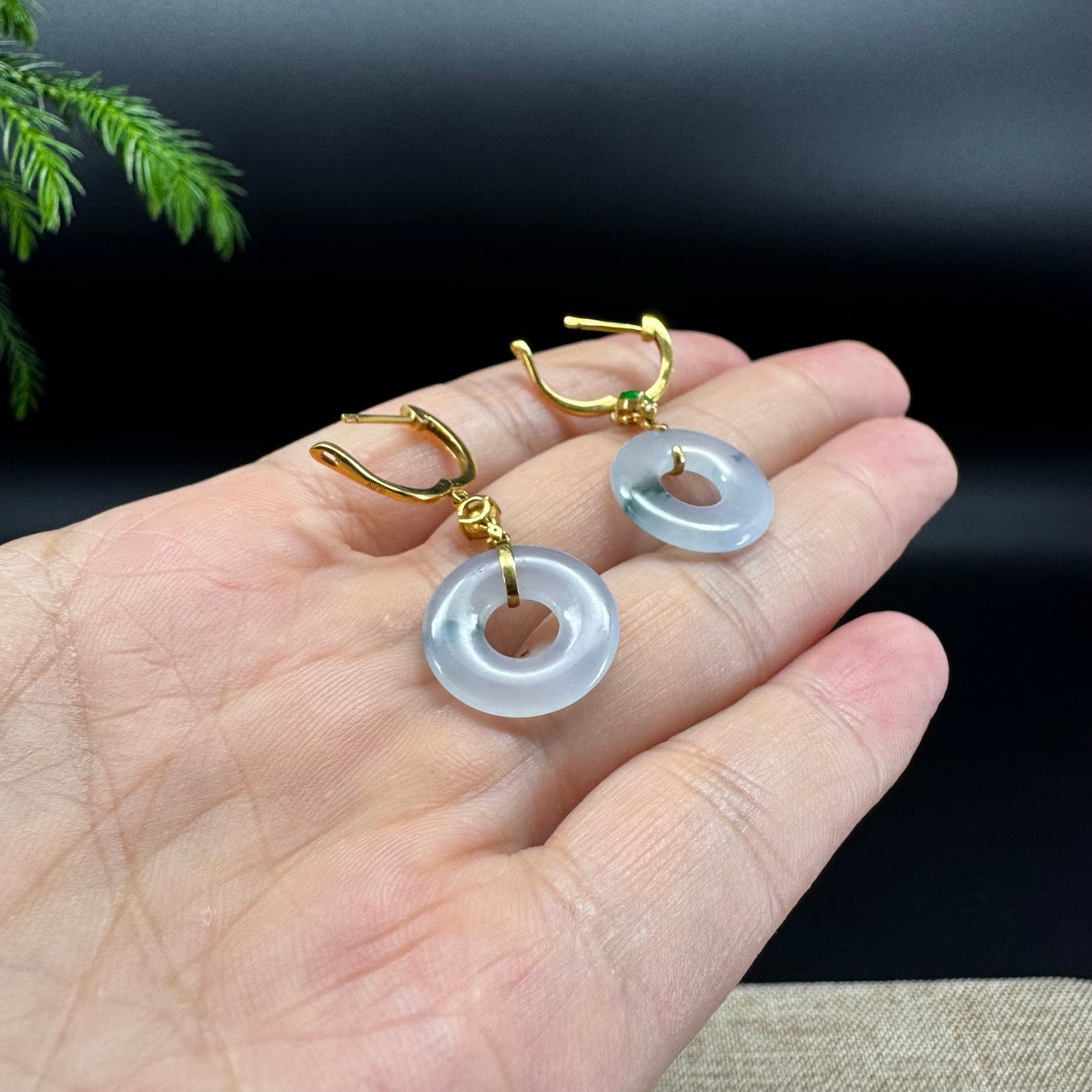 18k Yellow Gold Genuine Icy Lavender Green  KouKou Jadeite Jade Earrings With Diamonds