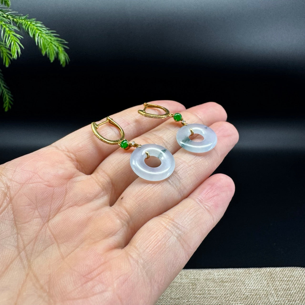 18k Yellow Gold Genuine Icy Lavender Green  KouKou Jadeite Jade Earrings With Diamonds