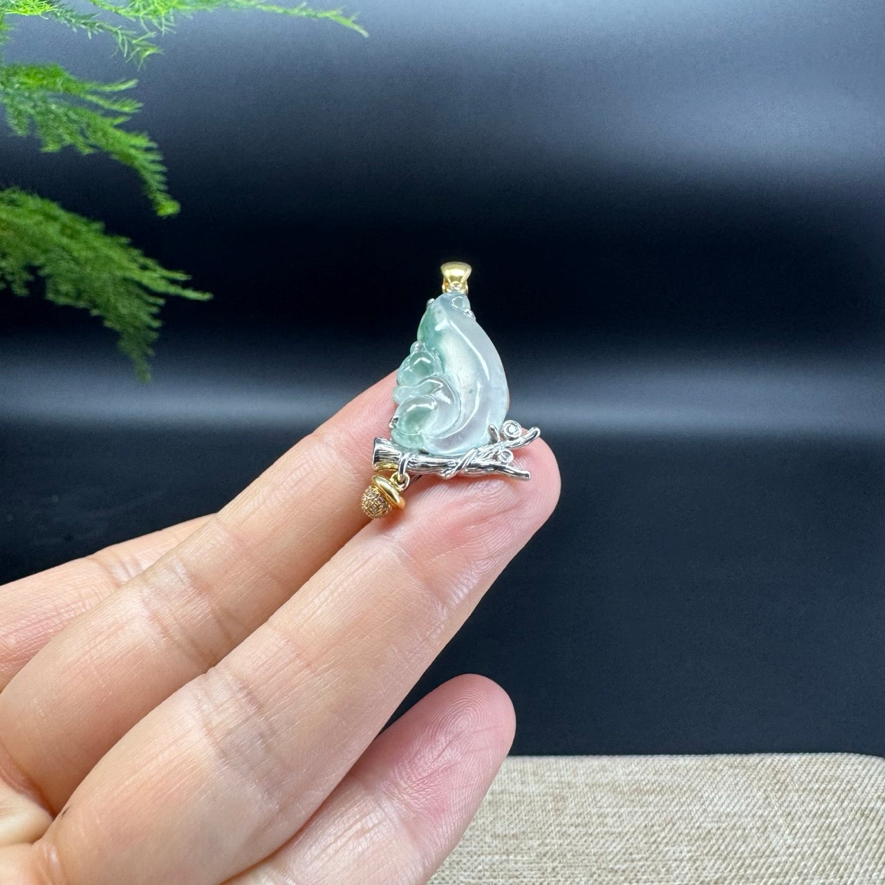 High-end 18K Yellow & White Gold Burmese Icy Green Jadeite Jade Squirrel Pendant with Diamond