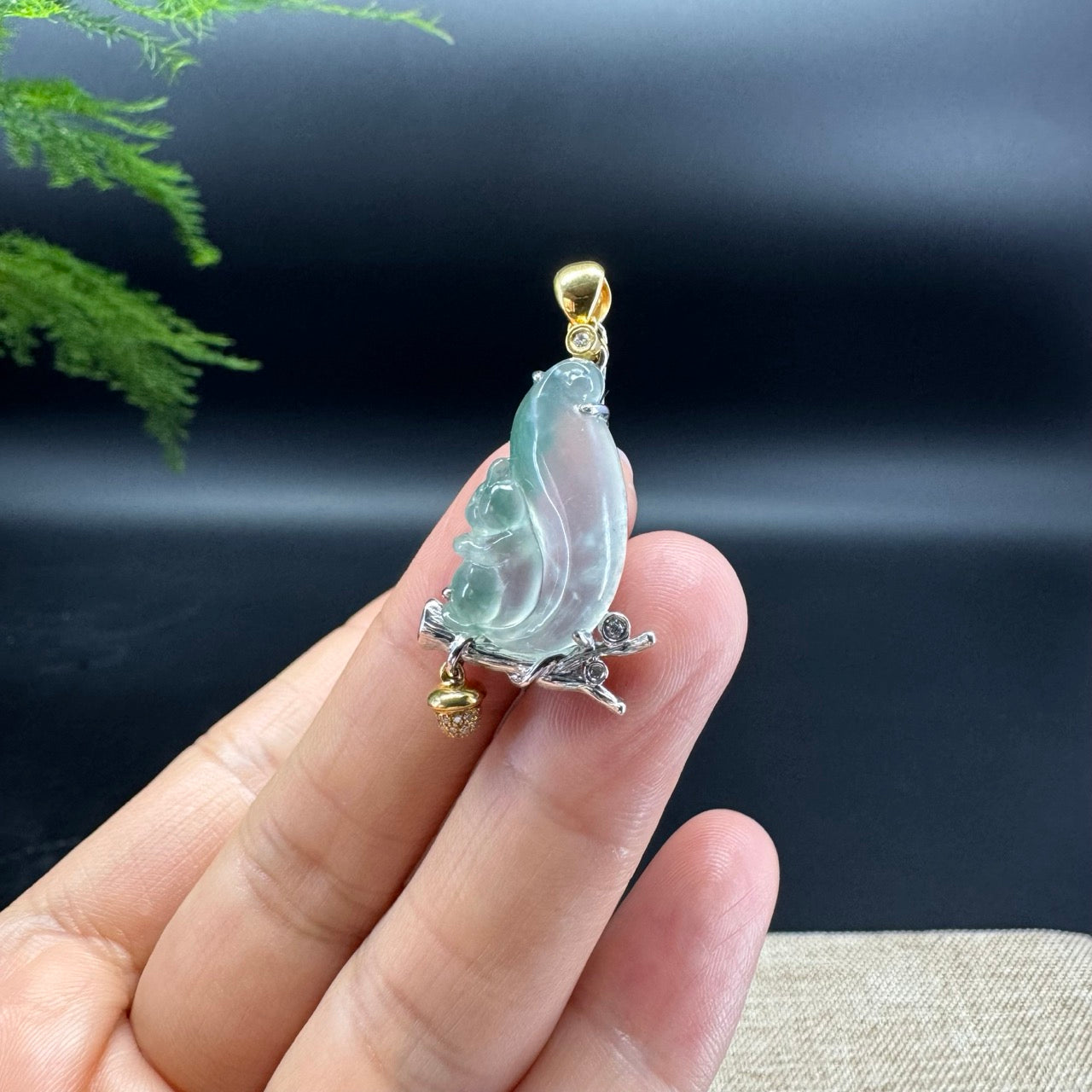 High-end 18K Yellow & White Gold Burmese Icy Green Jadeite Jade Squirrel Pendant with Diamond
