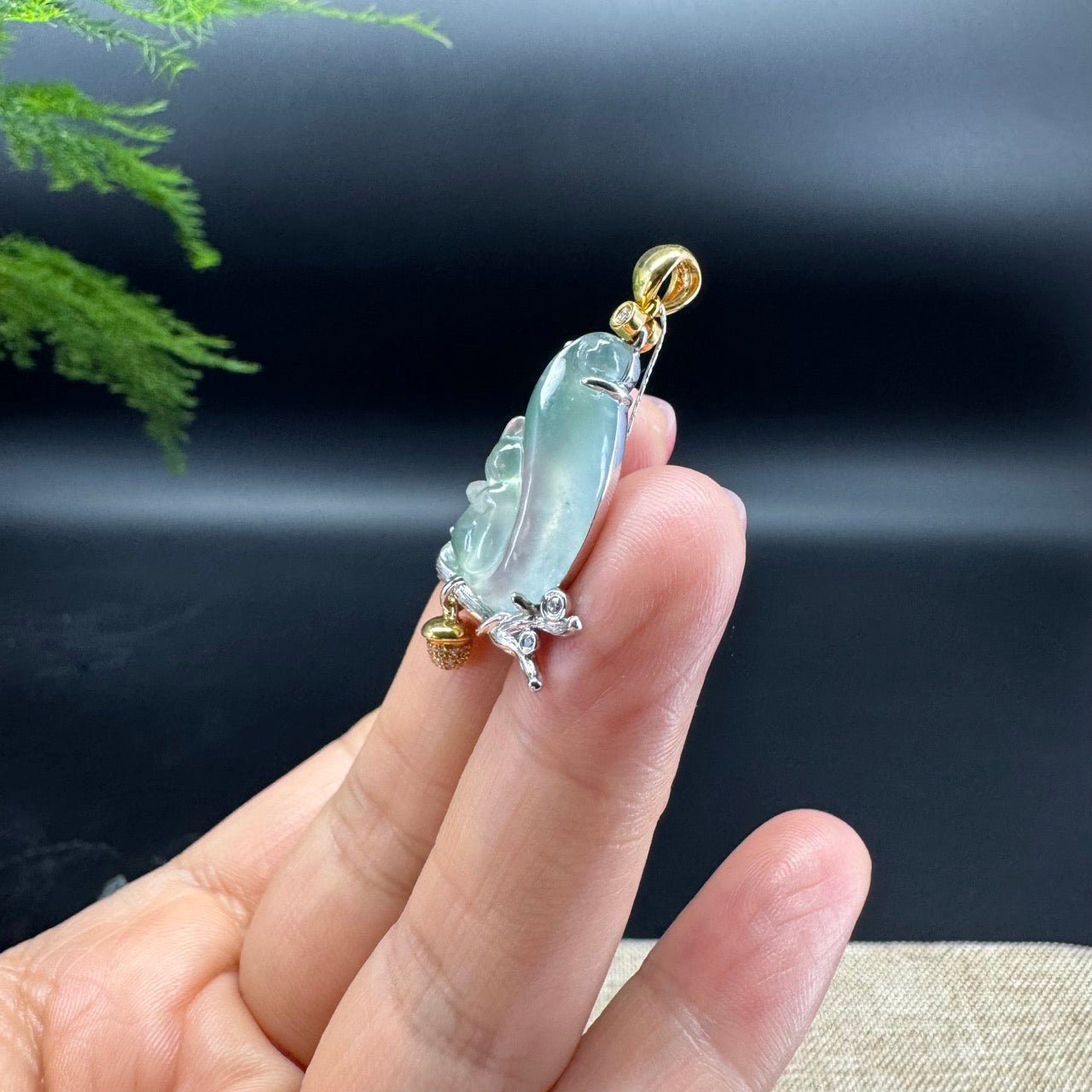 High-end 18K Yellow & White Gold Burmese Icy Green Jadeite Jade Squirrel Pendant with Diamond