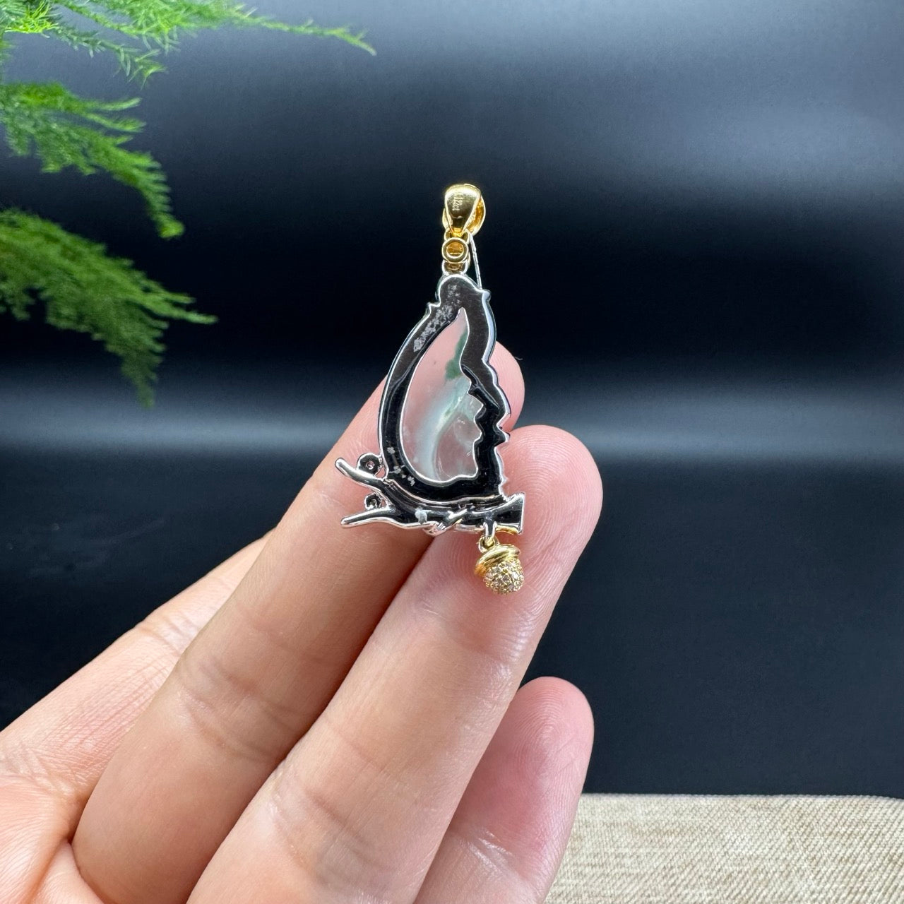 High-end 18K Yellow & White Gold Burmese Icy Green Jadeite Jade Squirrel Pendant with Diamond