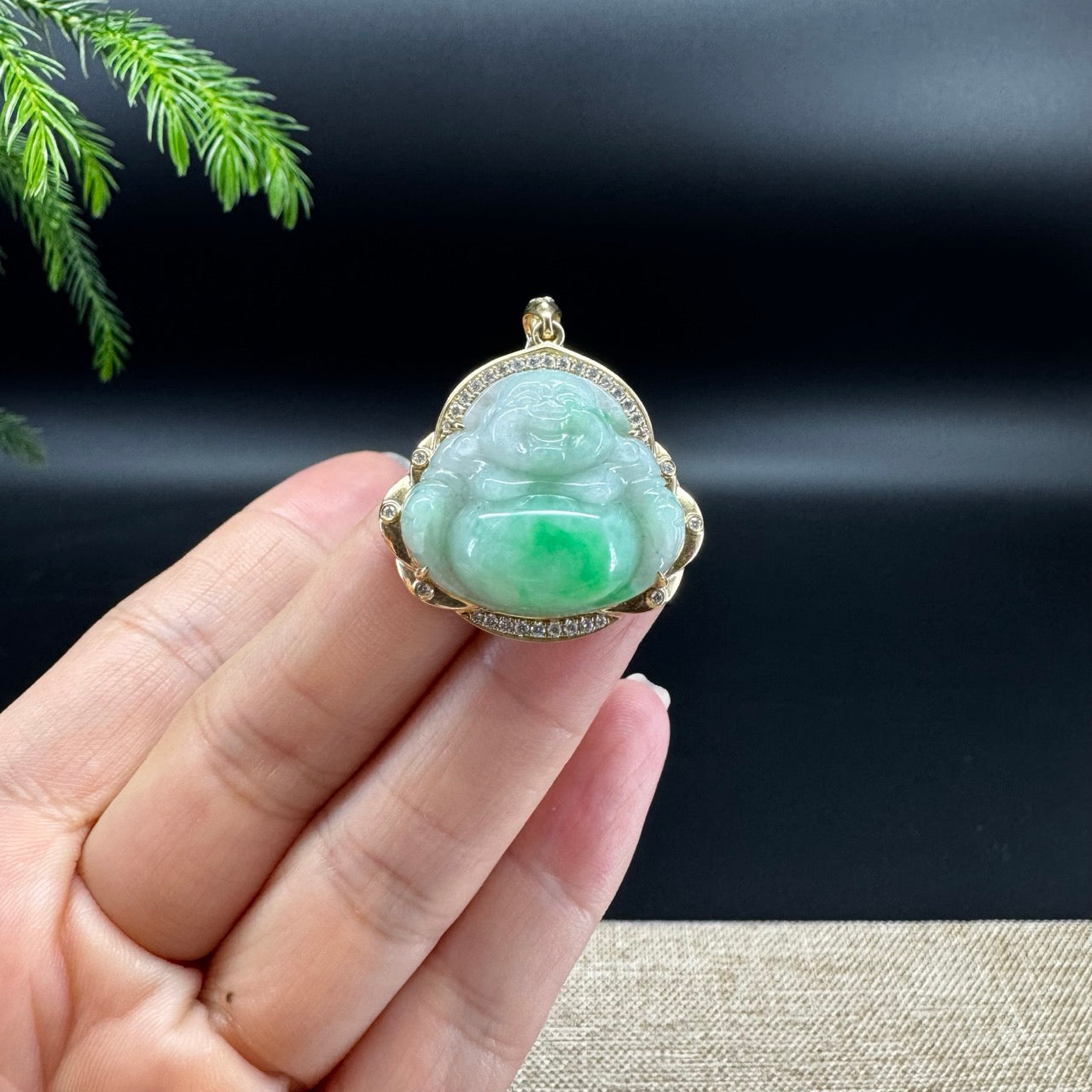 High-end 14K Yellow Gold Burmese White Green Jadeite Jade Happy Buddha Pendant with Diamond
