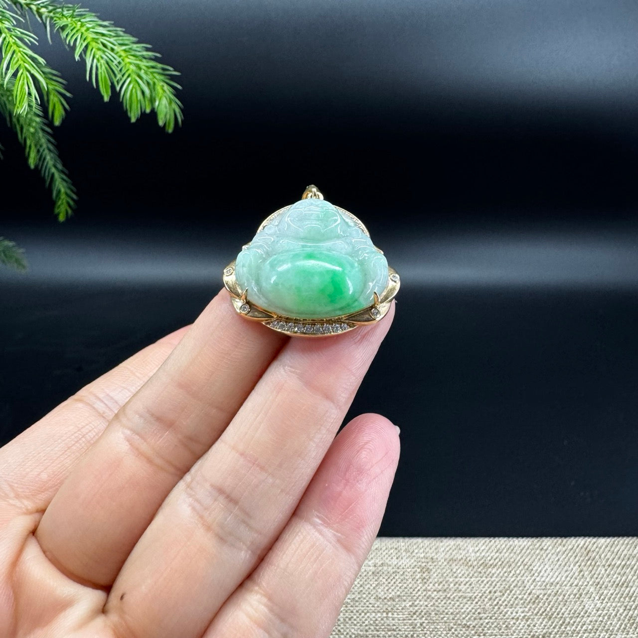 High-end 14K Yellow Gold Burmese White Green Jadeite Jade Happy Buddha Pendant with Diamond