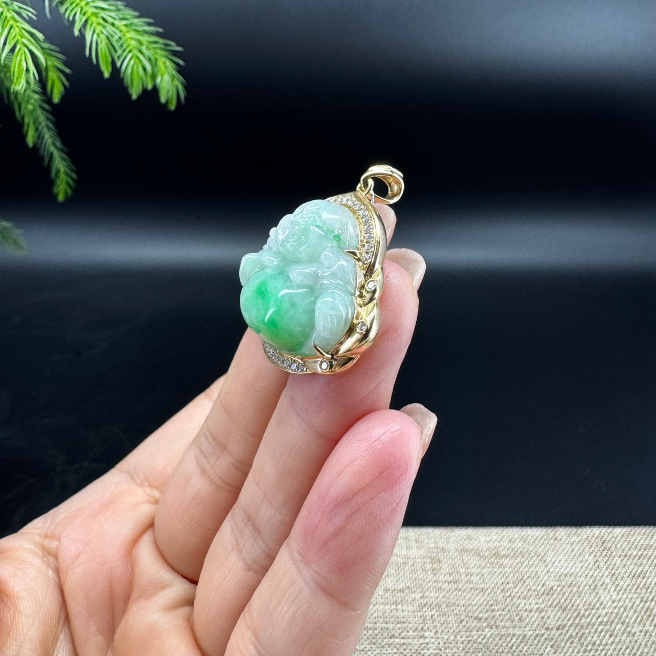 High-end 14K Yellow Gold Burmese White Green Jadeite Jade Happy Buddha Pendant with Diamond