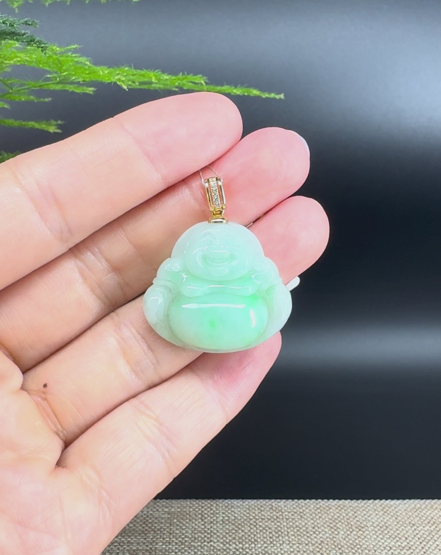 Load and play video in Gallery viewer, 14K Yellow Gold Burmese Green Jadeite Jade Happy Buddha Pendant
