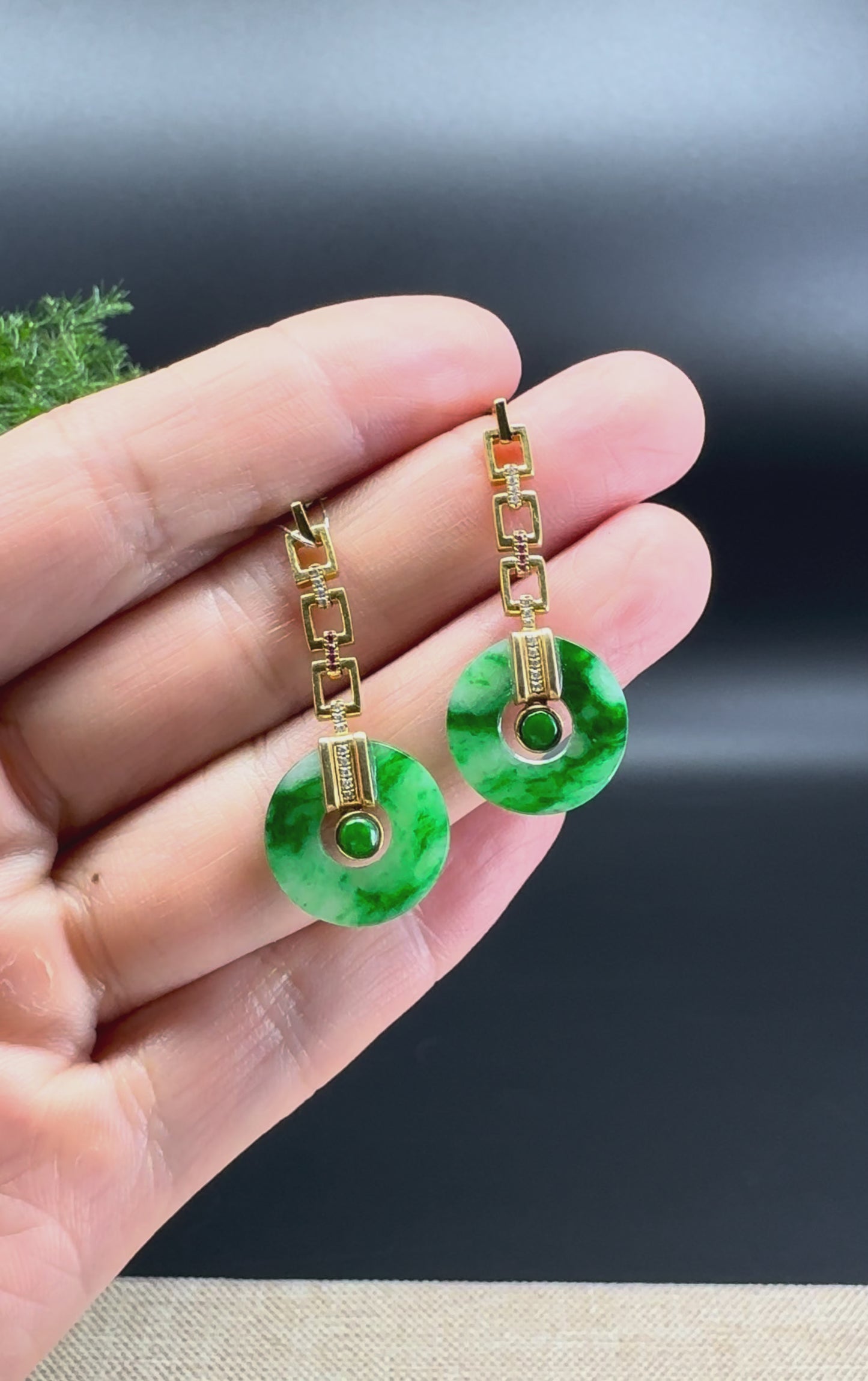 Load and play video in Gallery viewer, 18k Yellow Gold Genuine Spicy Green KouKou Jadeite Jade Earrings With Diamonds
