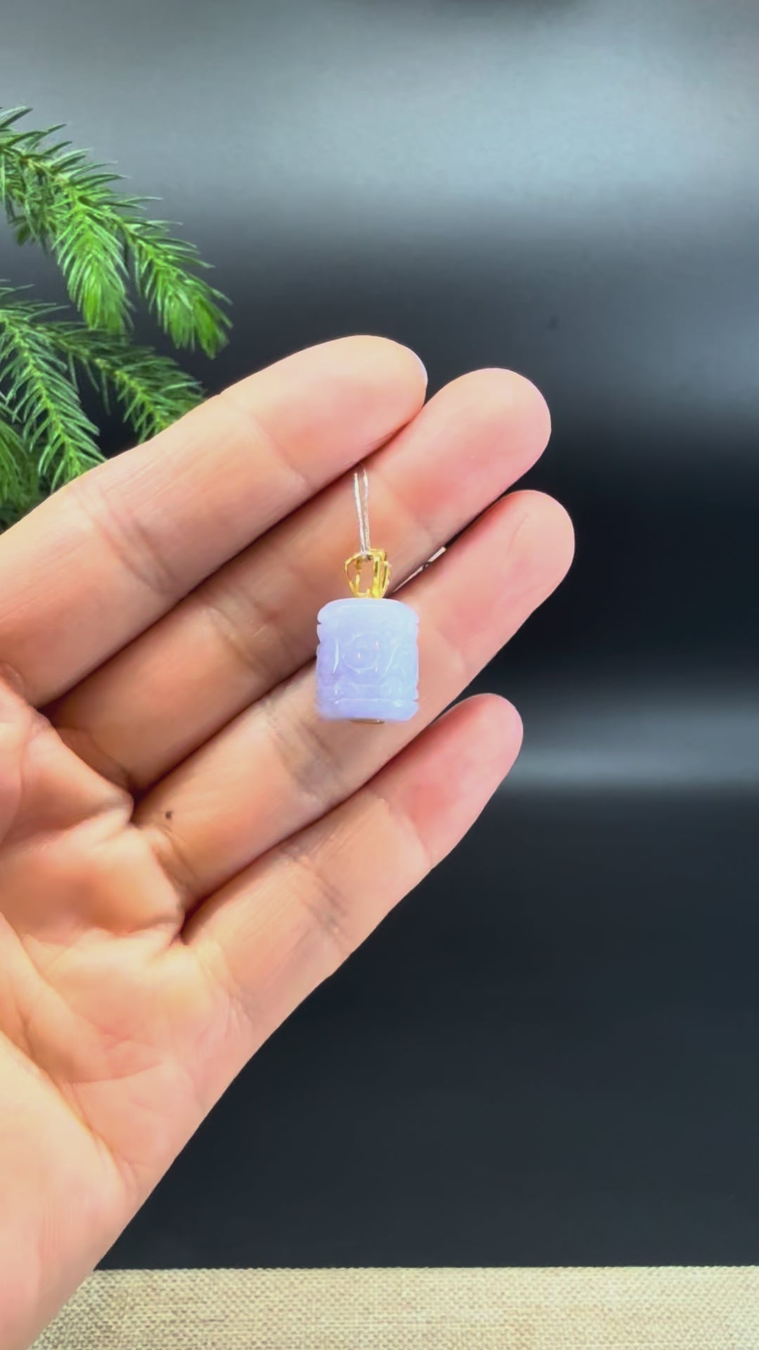 Load and play video in Gallery viewer, &amp;quot;Good Luck Button&amp;quot;Lavender Jadeite Jade &amp;quot;TongTong&amp;quot; Pendant With 18K Yellow Gold Bail

