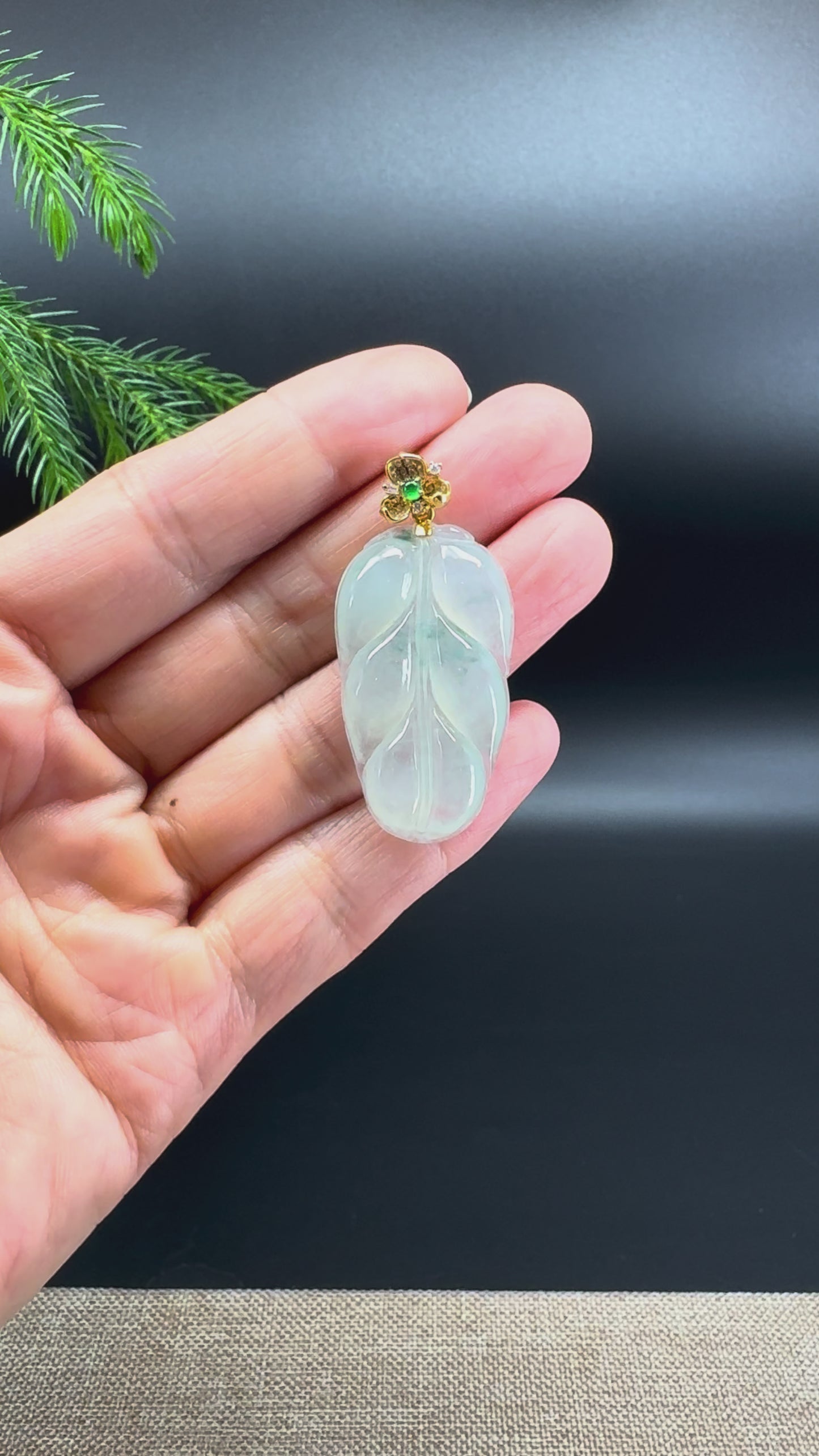 RealJade® Co. Genuine Light Green Jadeite Jade Jin Zhi Yu Ye (Leaf) Necklace With 18K Yellow Gold Diamonds Bail