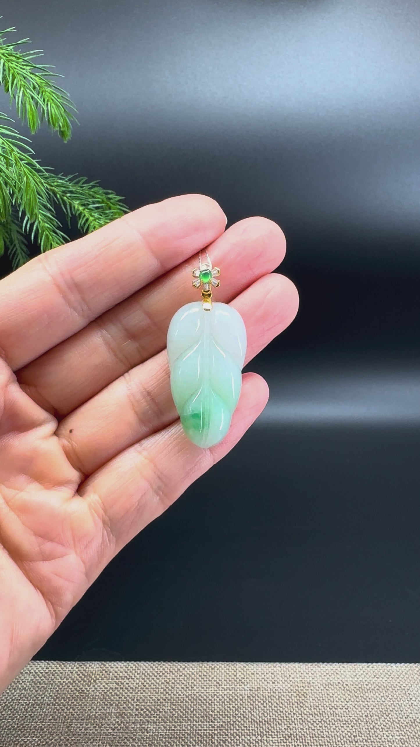 RealJade® Co. Genuine White Green Jadeite Jade Jin Zhi Yu Ye (Leaf) Necklace With 18K Yellow Gold Diamonds Bail