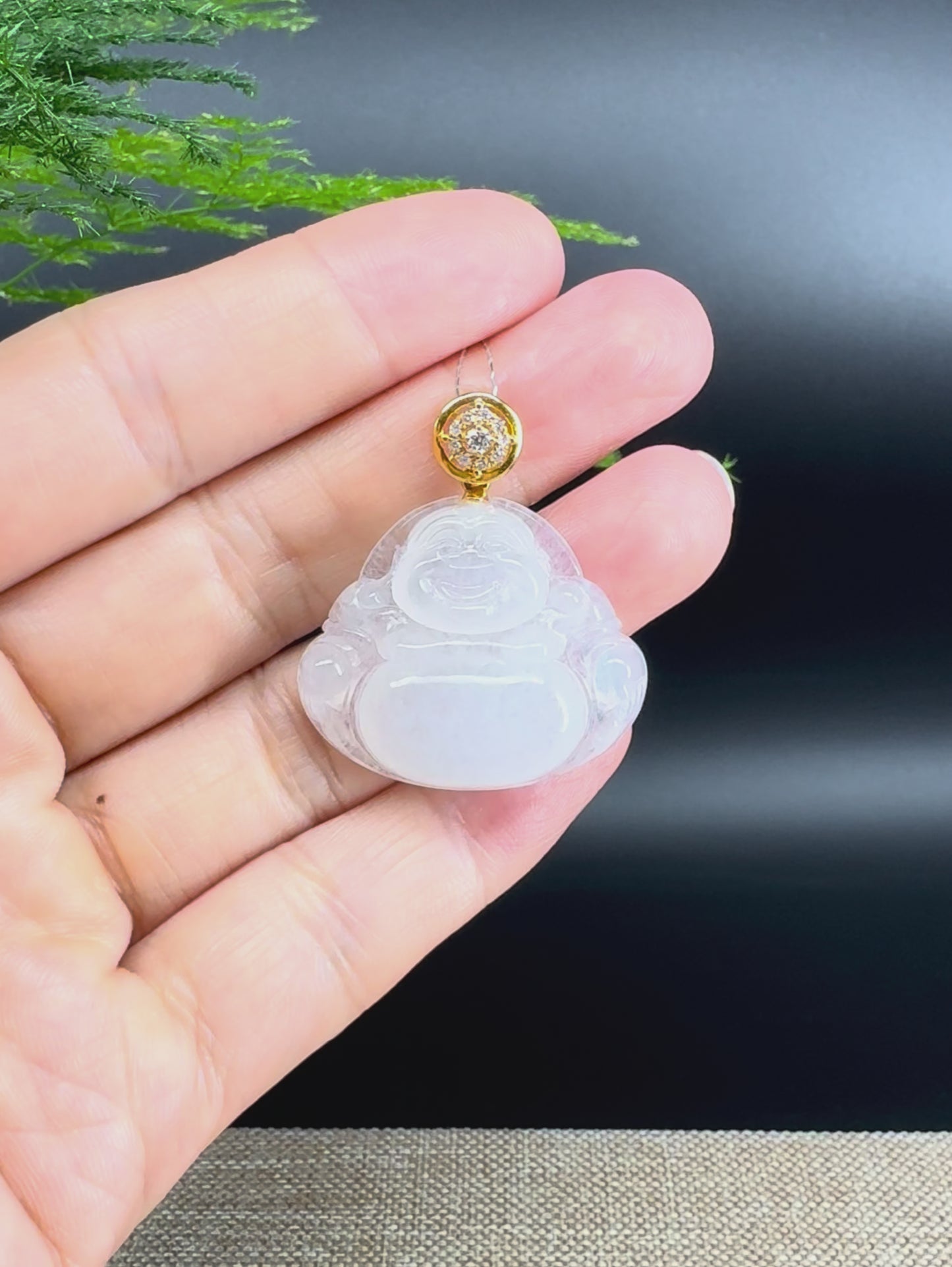 18K Yellow Gold Burmese Icy Jadeite Jade Happy Buddha Pendant