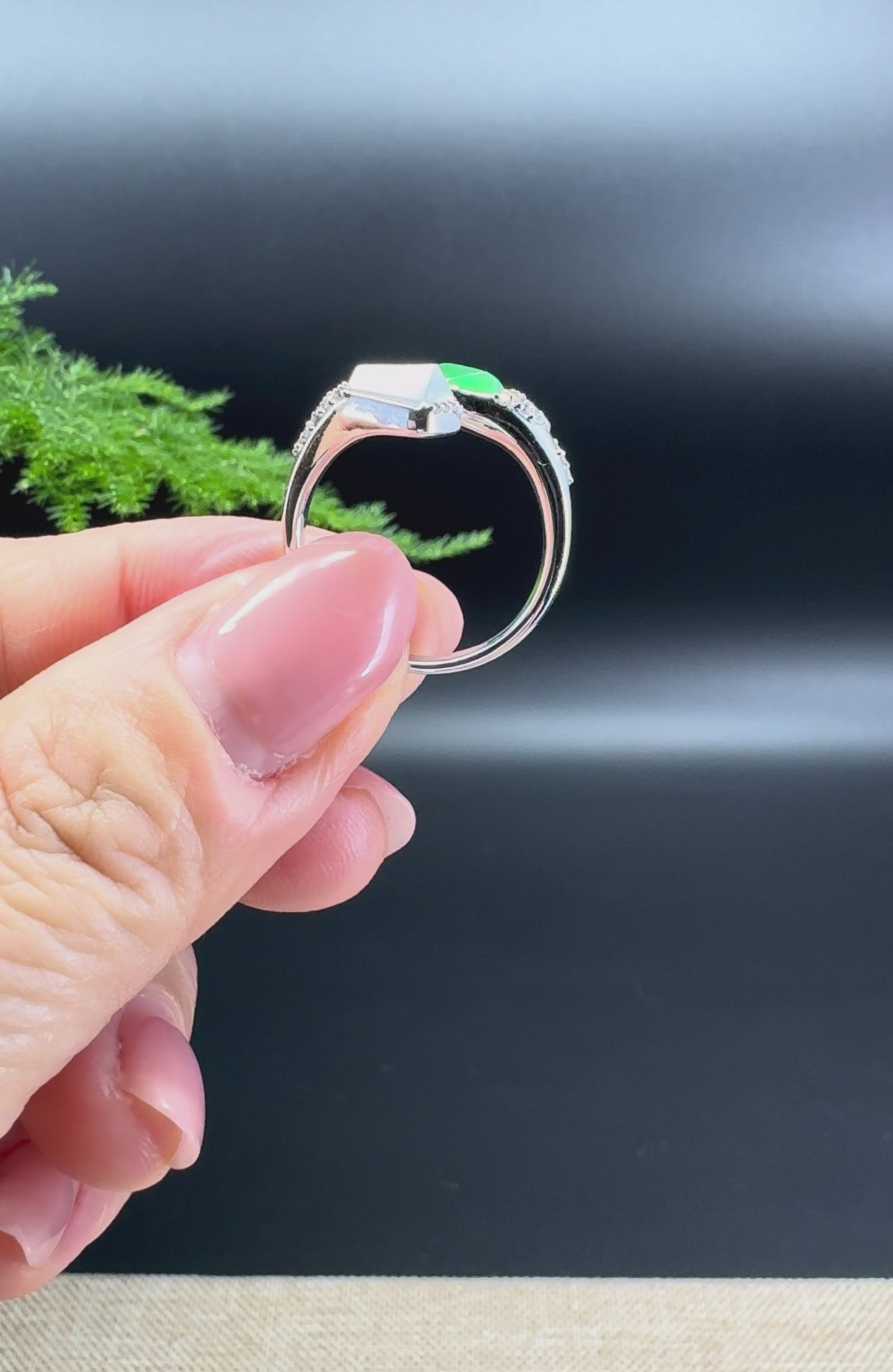 RealJade® 18k White Gold Natural Icy&Green Jadeite Ring With Diamonds