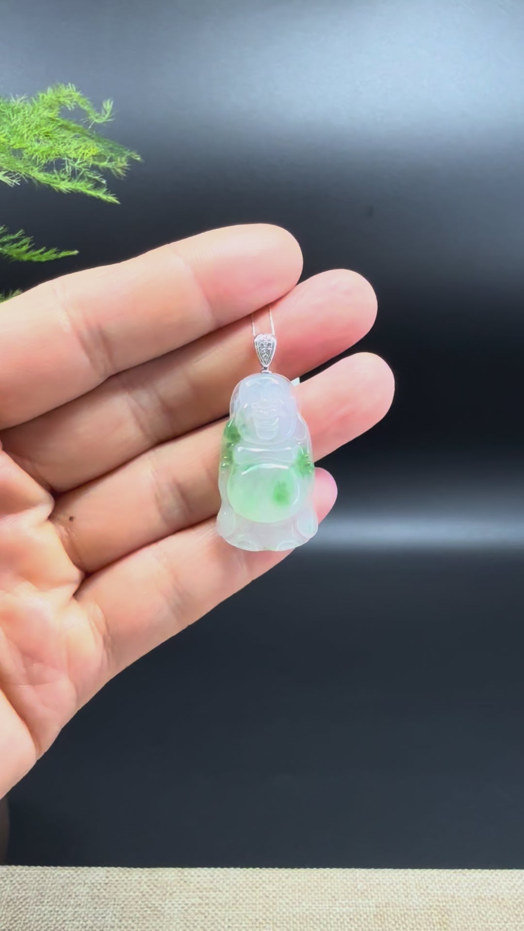Load and play video in Gallery viewer, 18K White Gold Burmese Icy Spicy Green Jadeite Jade Happy Buddha Pendant
