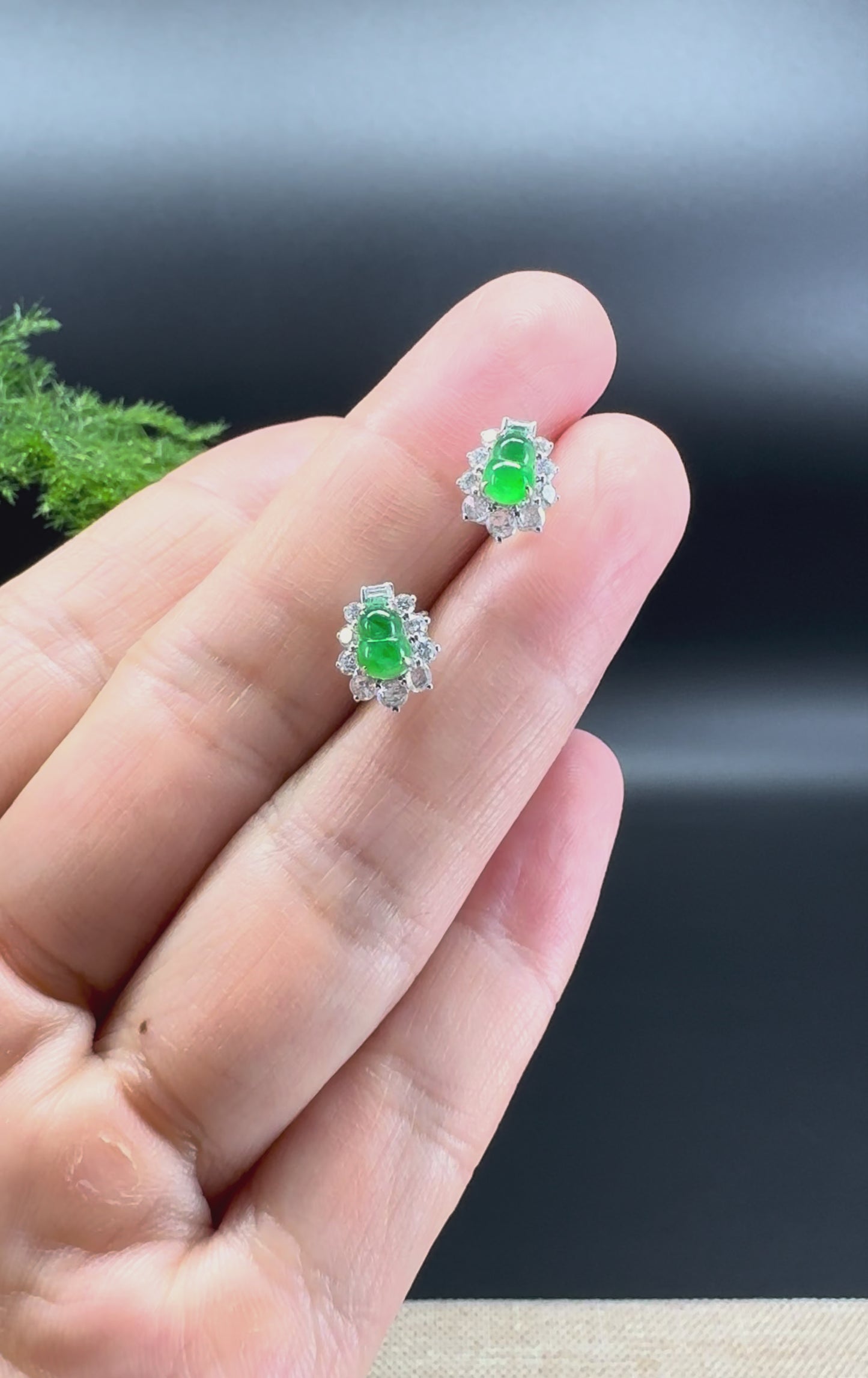 Load and play video in Gallery viewer, RealJade® 18k White Gold Classic Imperial Green Jade Hulu With Diamonds Stud Earrings
