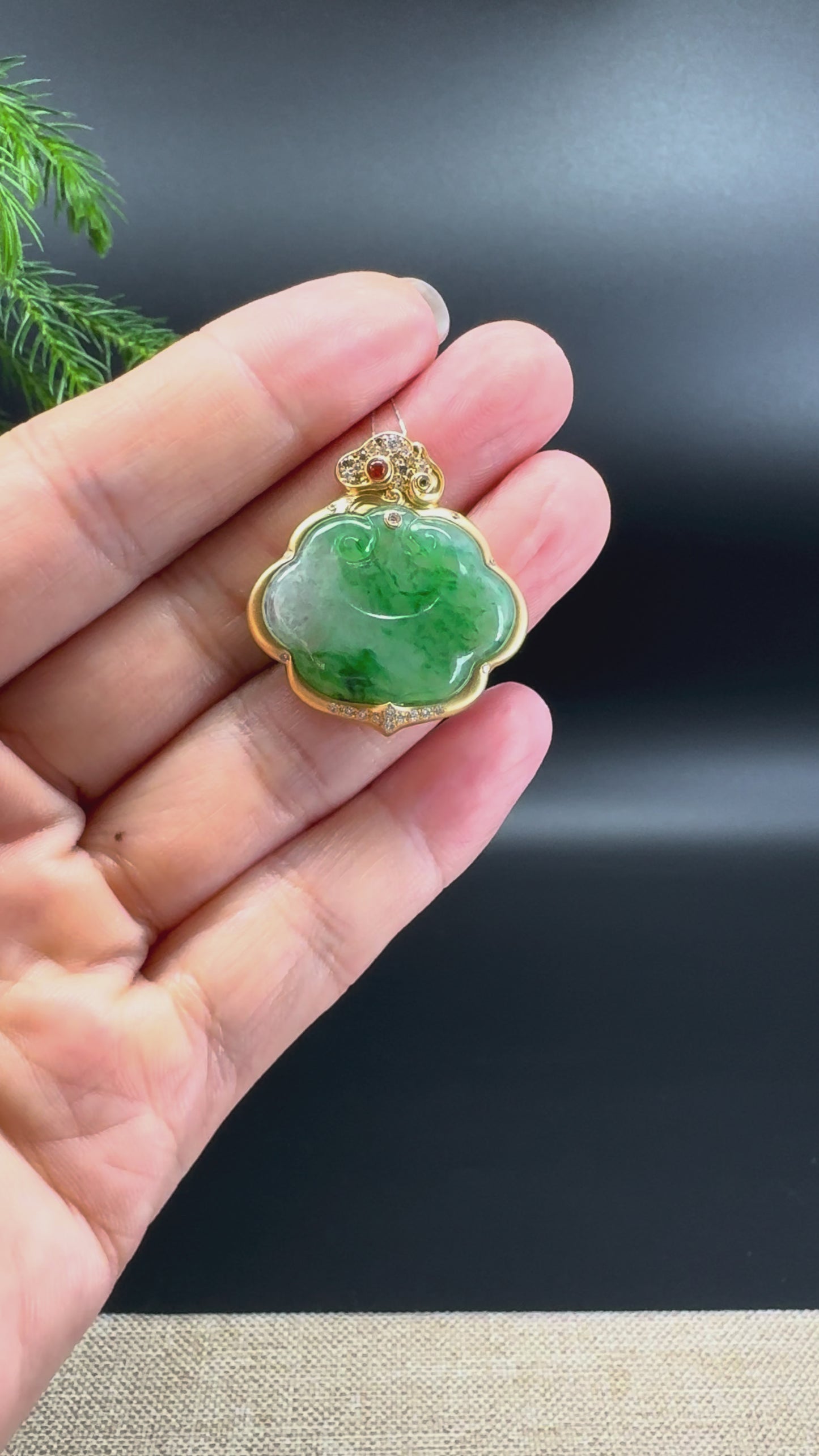 Load and play video in Gallery viewer, RealJade® Co. Genuine Forest Green Jadeite Jade RuYi Pendant with 18k Yellow Gold Diamond Bail
