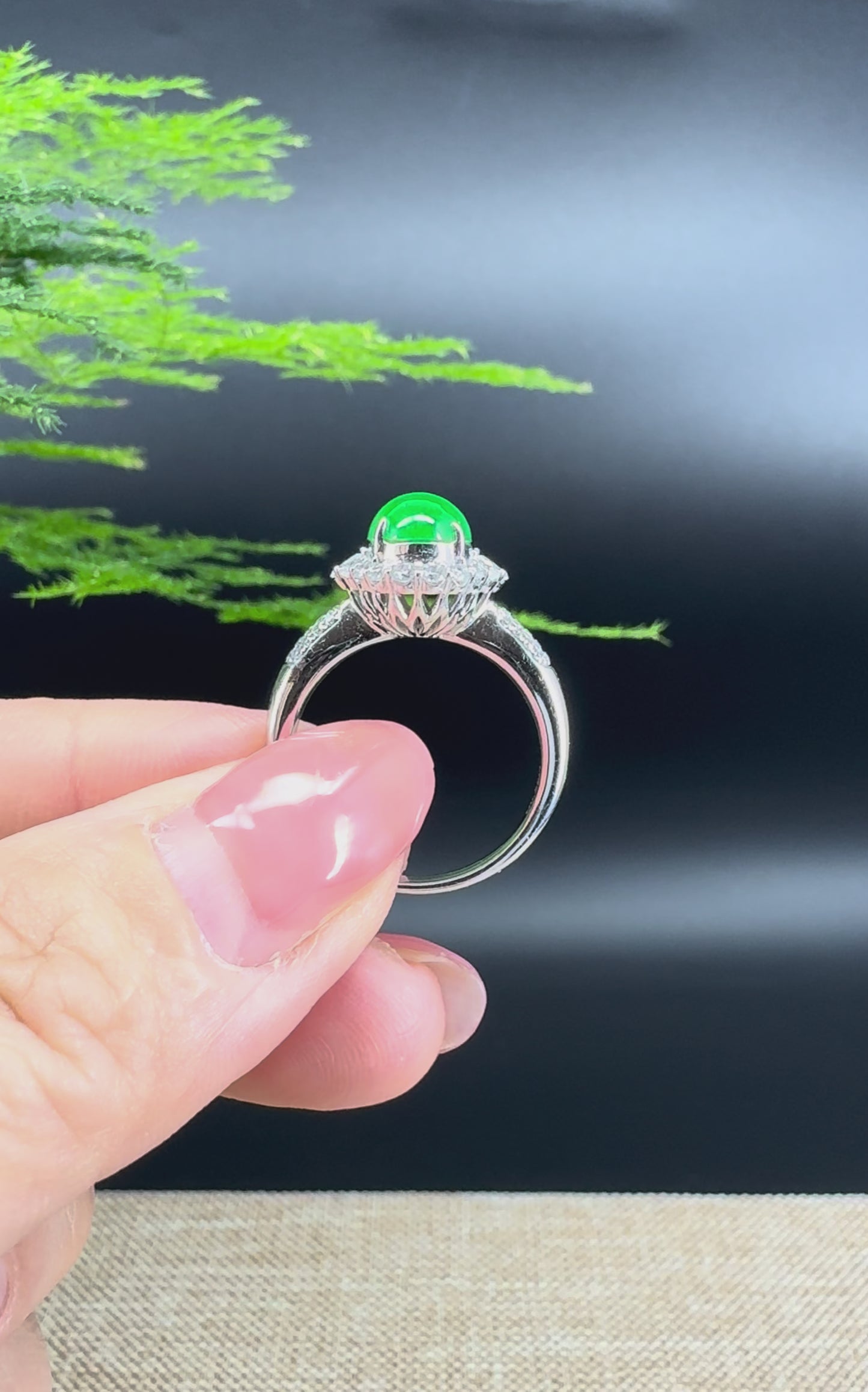 RealJade® "Amelie" 18k White Gold Natural Imperial Green Jadeite Engagement Ring With Diamonds