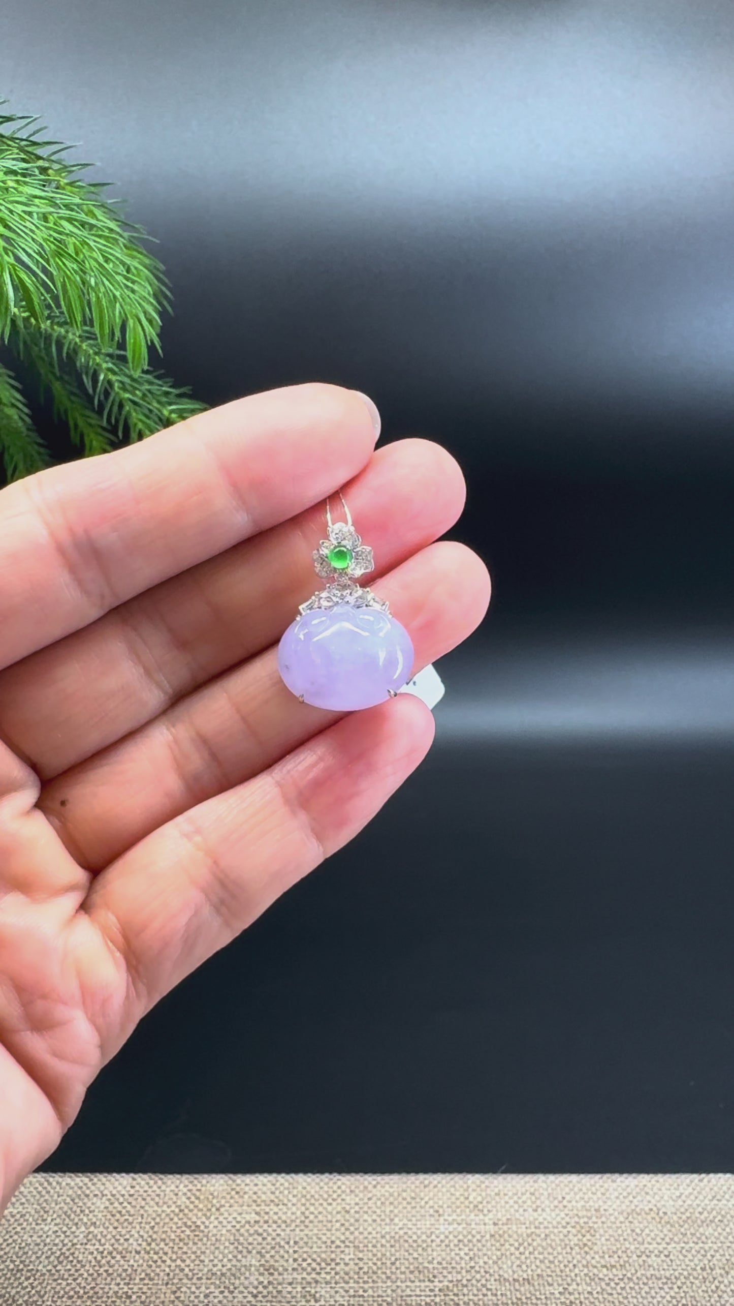 Load and play video in Gallery viewer, RealJade® Co. Genuine Light Lavender Jadeite Jade Good Luck RuYi  Necklace With 18K White Gold Diamonds Bail
