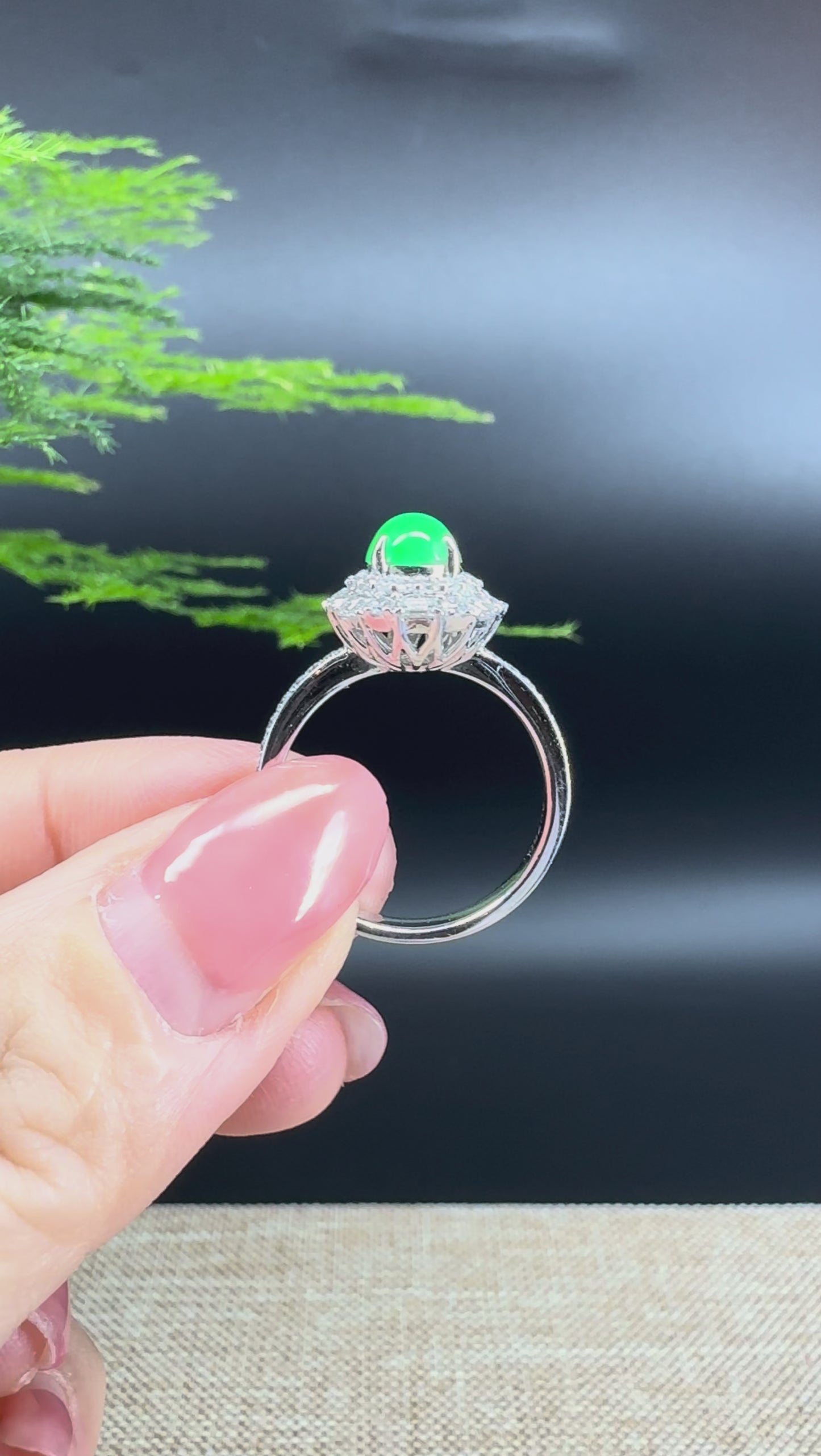 RealJade®  18k White Gold Natural Imperial Green Jadeite Engagement Ring With Diamonds