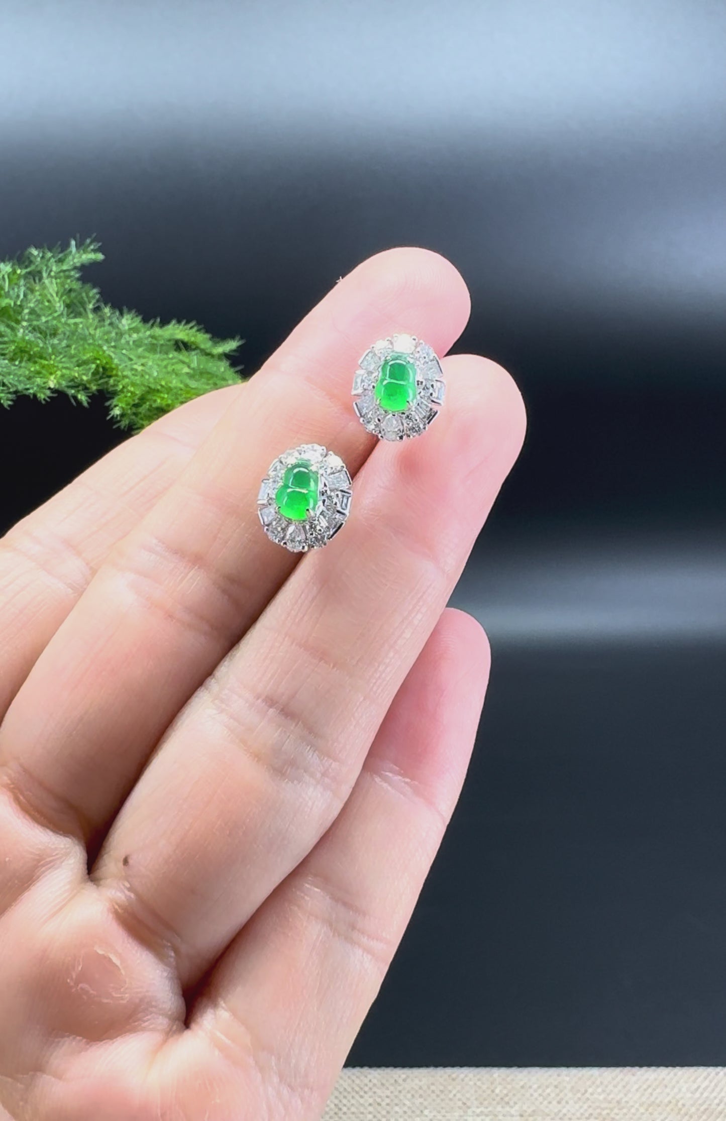 Load and play video in Gallery viewer, RealJade® 18k White Gold Imperial Green Jade Hulu Stud Earrings with Diamonds
