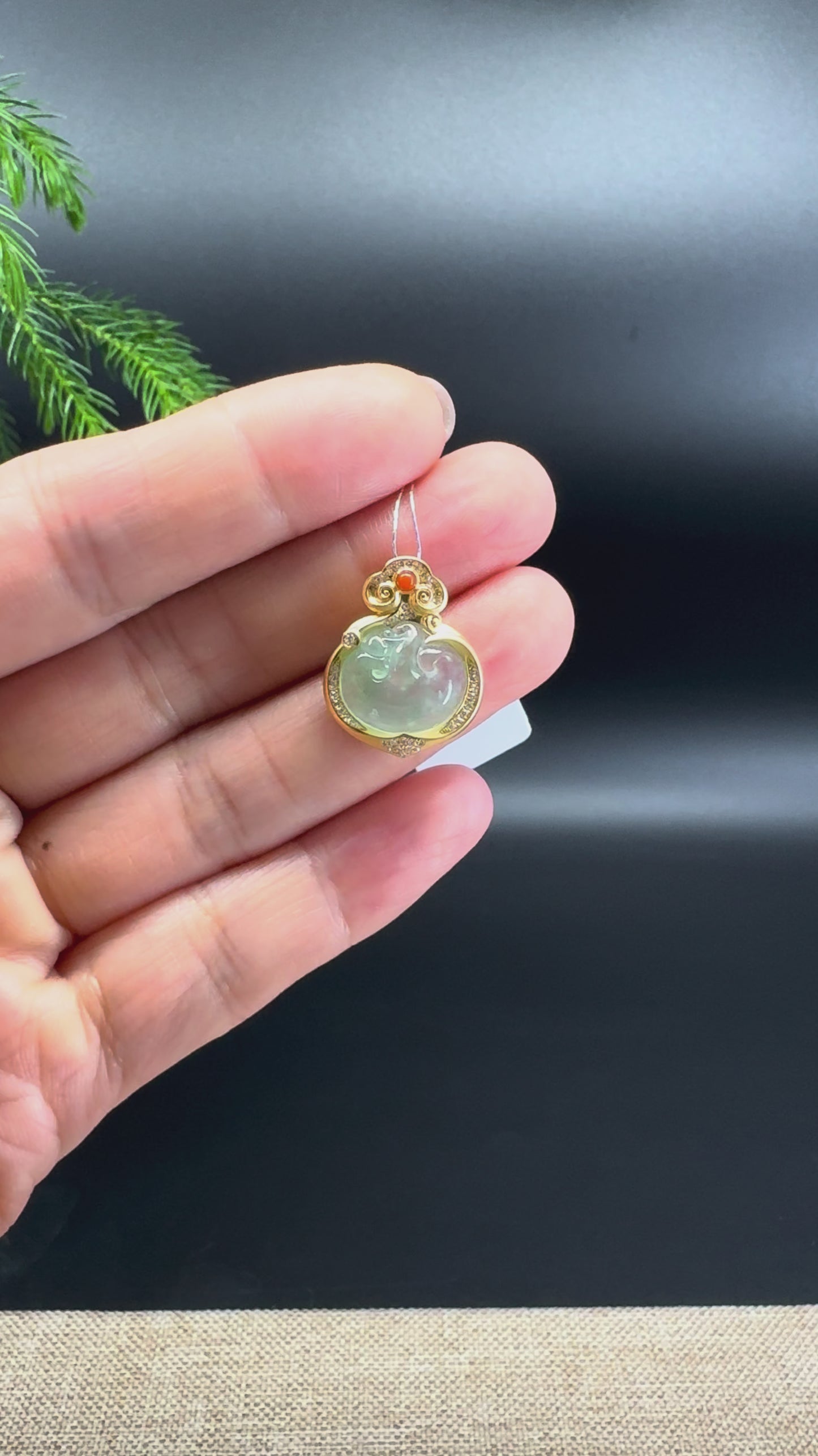 Load and play video in Gallery viewer, RealJade® Co. Genuine Icy Green Jadeite Jade RuYi Necklace With 18K Yellow Gold Diamonds Bail
