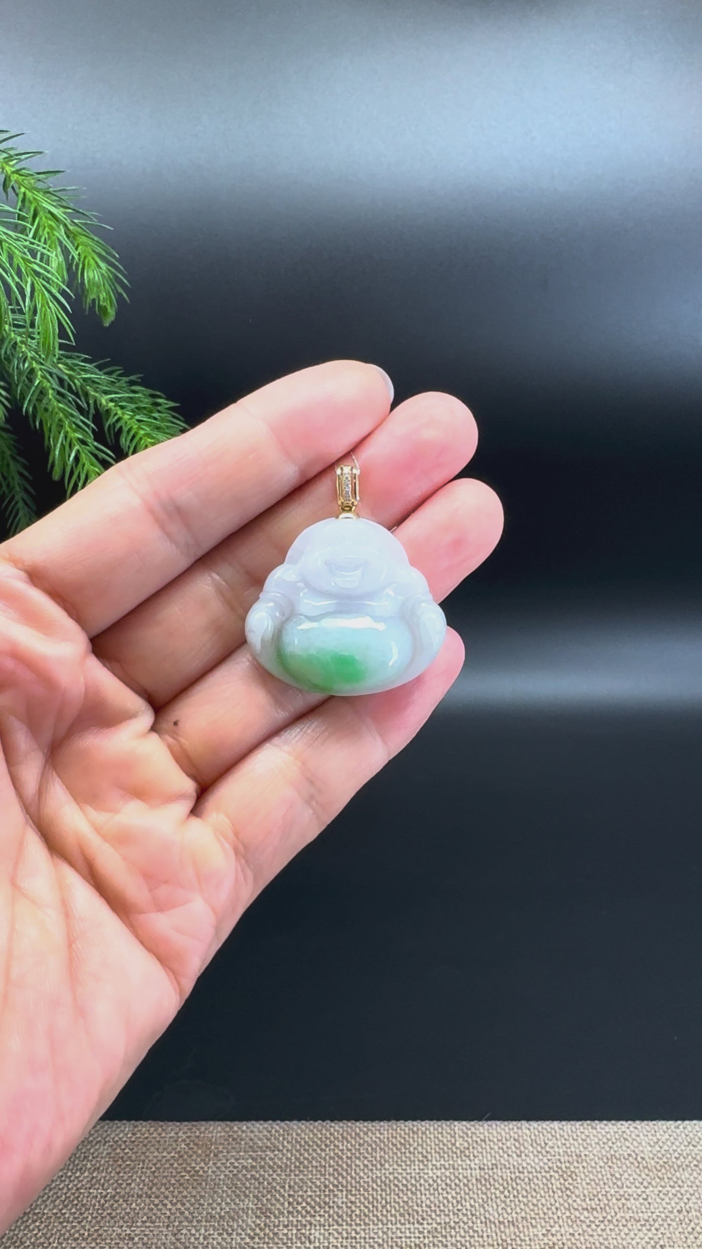 Load and play video in Gallery viewer, 14K Yellow Gold Burmese White Green Jadeite Jade Happy Buddha Pendant with Diamonds
