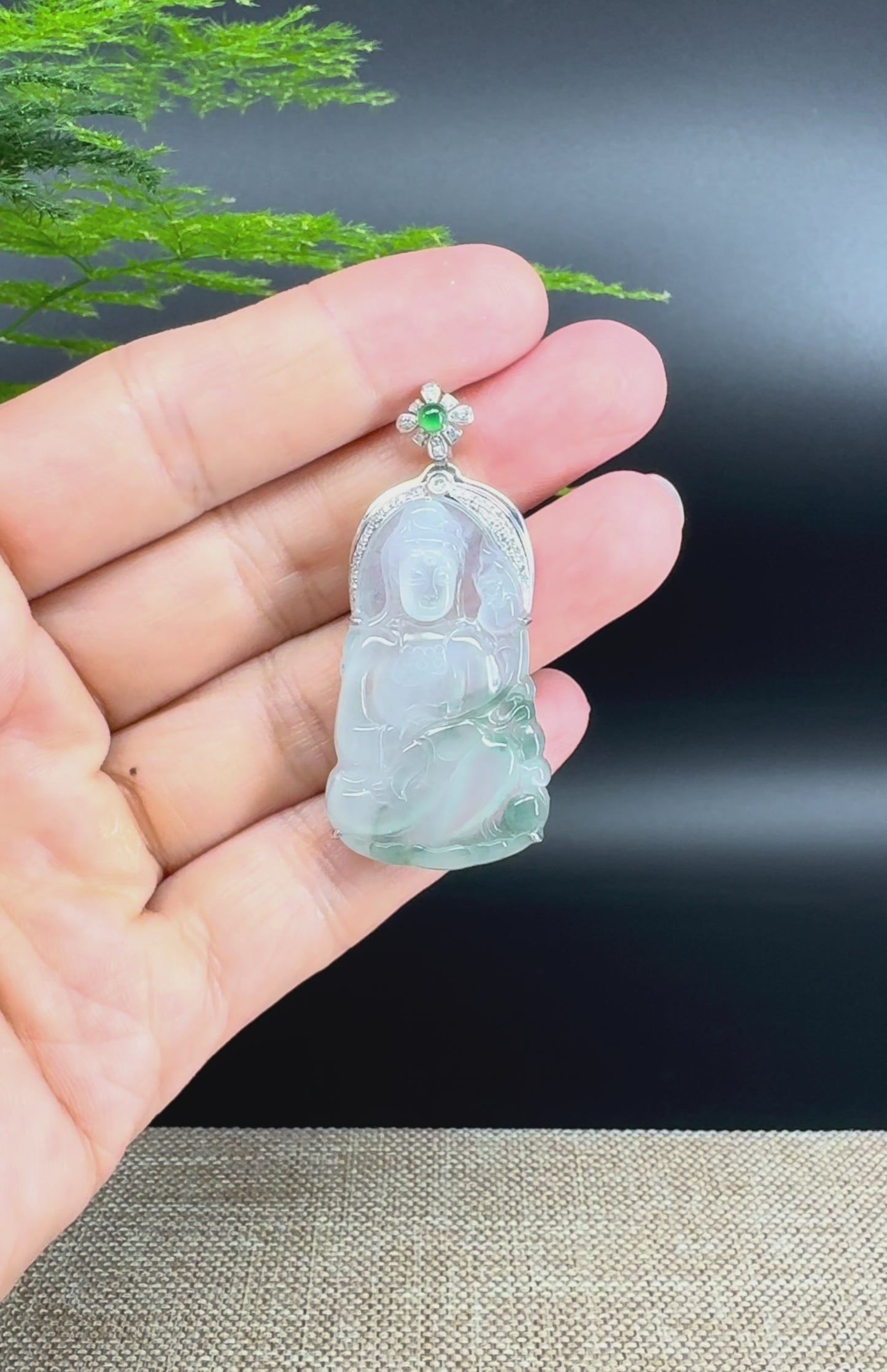 18K White Gold Icy Green Jadeite Jade "Goddess of Compassion" Guan Yin Necklace with Diamonds