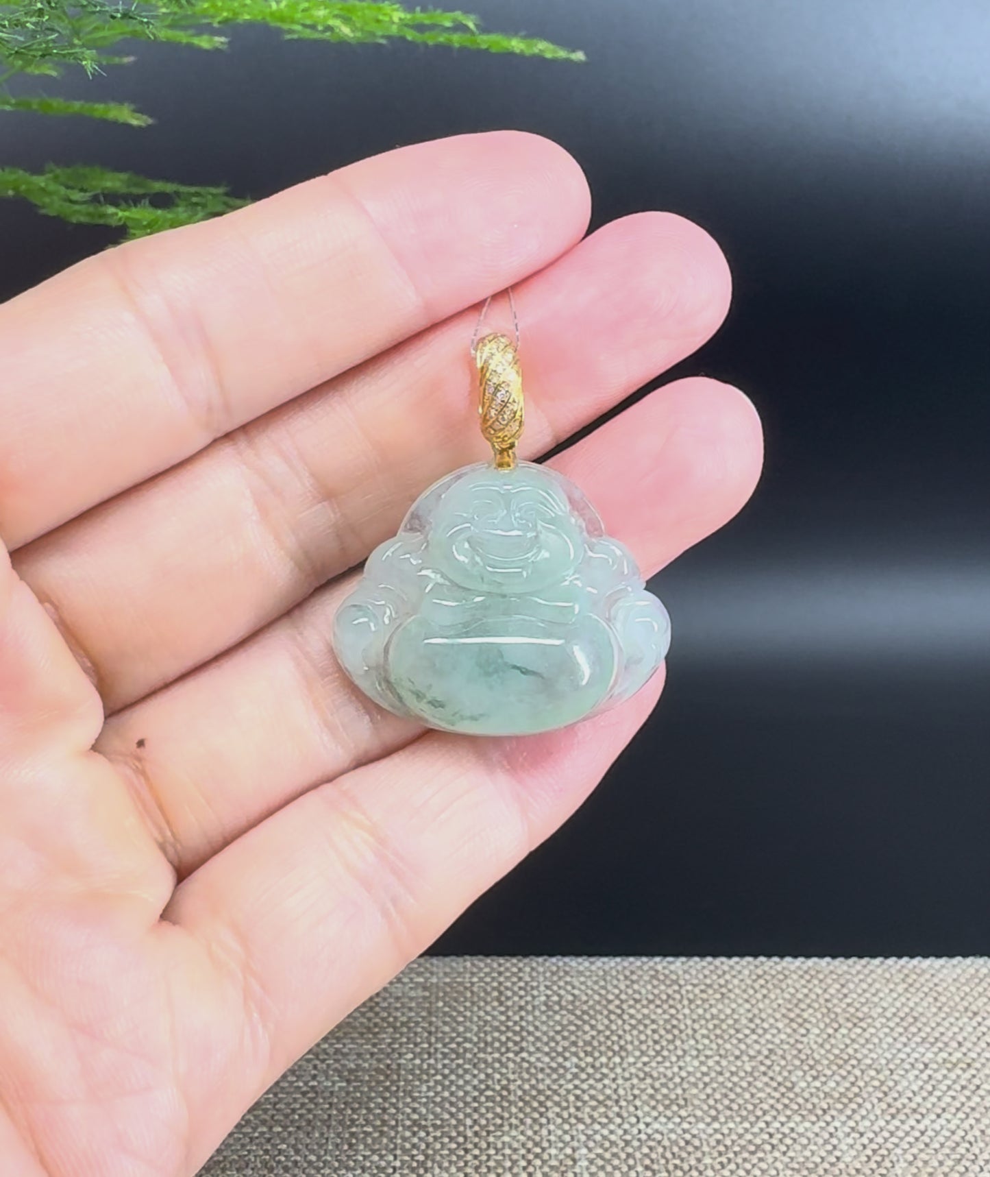 18K Yellow Gold Burmese Icy Blue Flower Jadeite Jade Happy Buddha Pendant