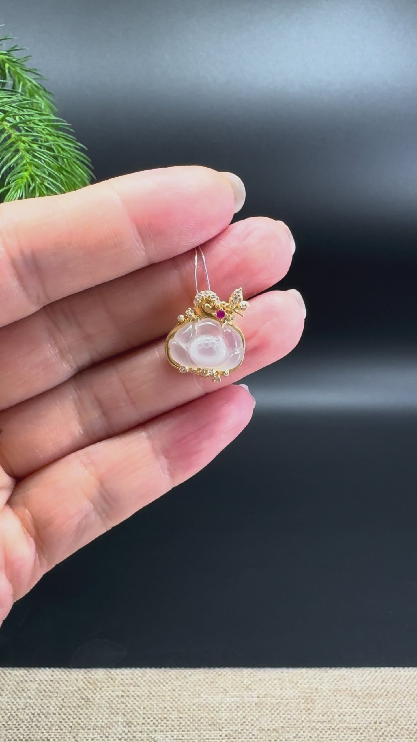 Load and play video in Gallery viewer, RealJade® Co. Genuine Icy Jadeite Jade Lotus Necklace With 18K Yellow Gold Diamonds Bail
