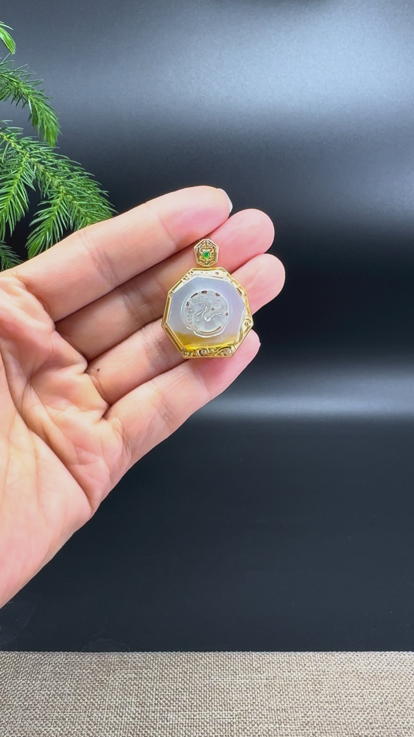 RealJade® Co. 18K Yellow Gold Genuine Icy Yellow Jadeite Jade Dragon Pendant With Diamonds