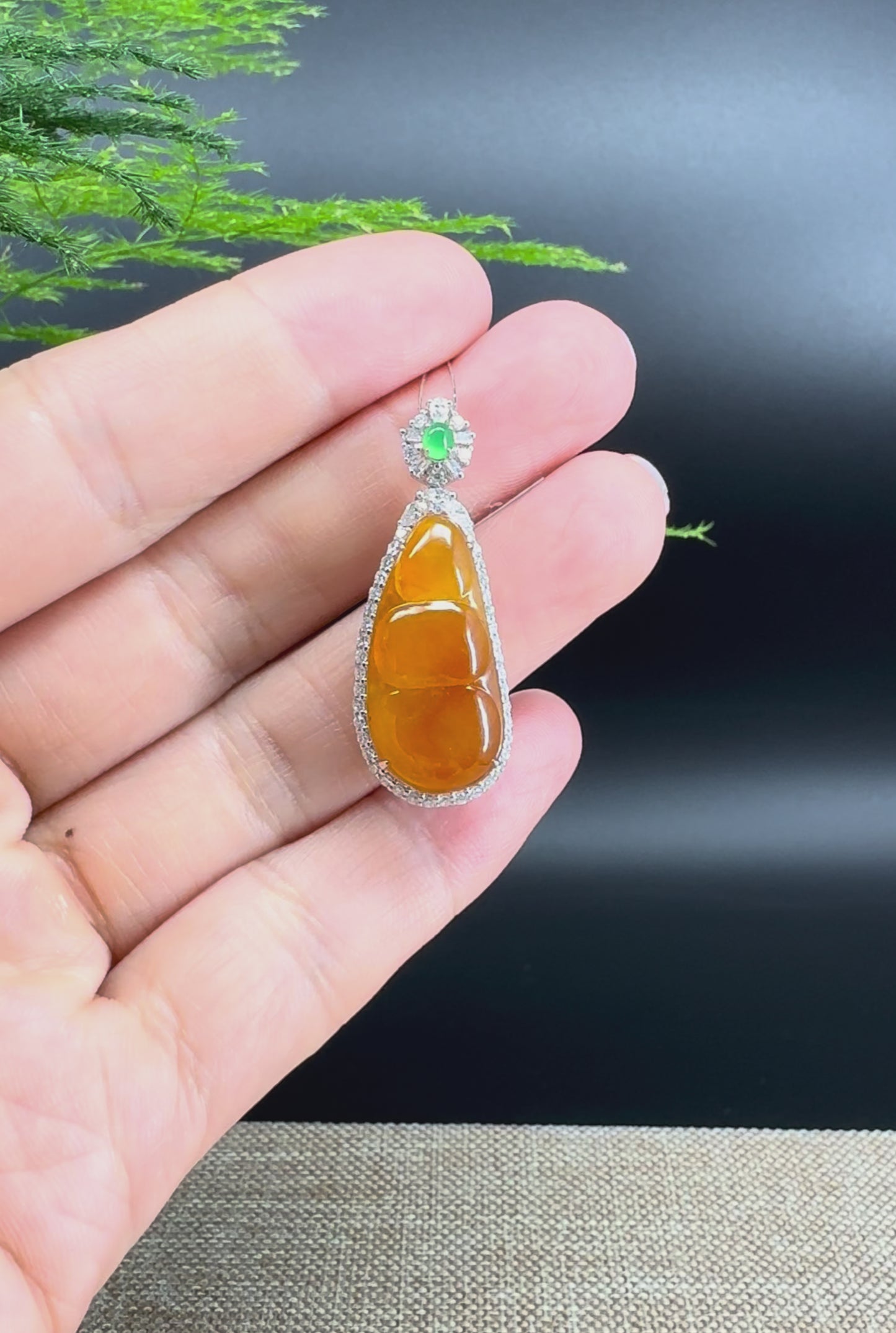 RealJade® Co. Genuine Burmese Honey Yellow Jadeite Jade Fu Dou Pendant with 18k White Gold Diamond Bail