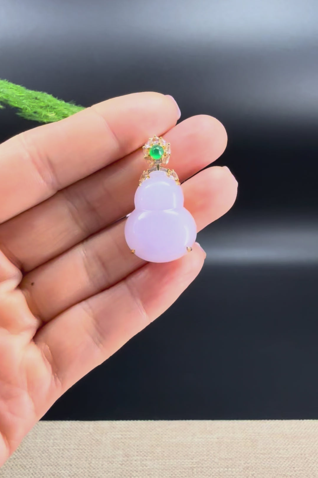 Load and play video in Gallery viewer, RealJade® Co. Genuine Light Lavender Jadeite Jade Good Luck Hulu Necklace With 18K Yellow Gold Bail And Diamonds
