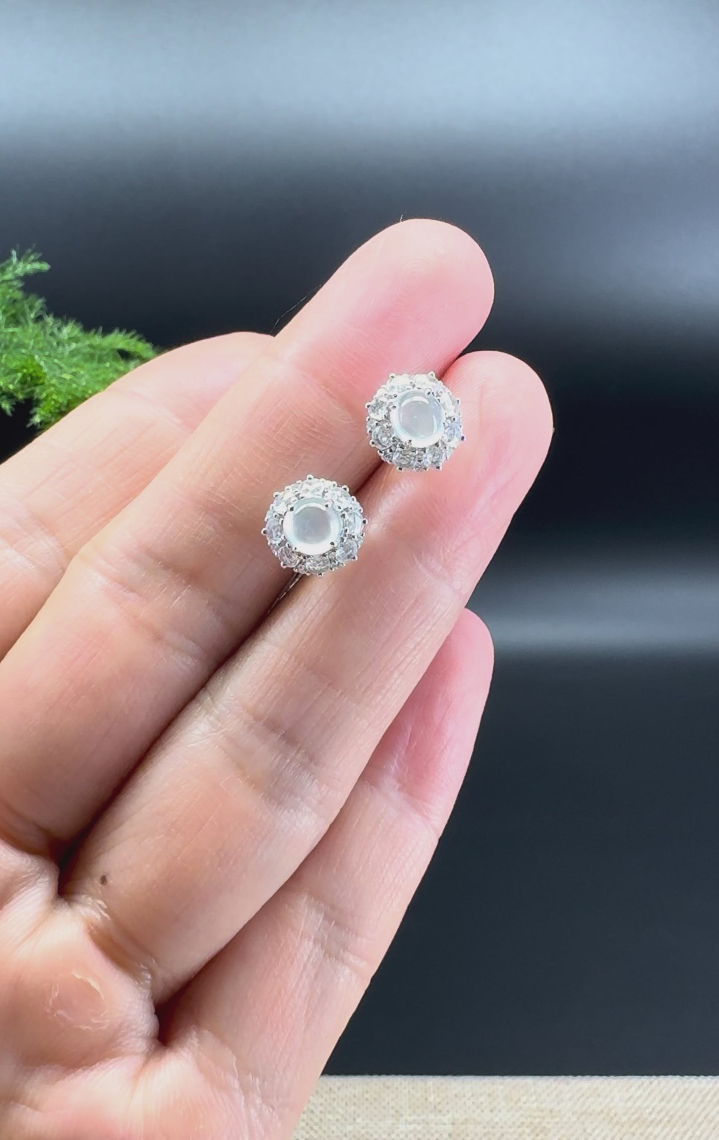 Load and play video in Gallery viewer, RealJade® 18k White Gold Icy Jadeite Jade Stud Earrings With Diamonds
