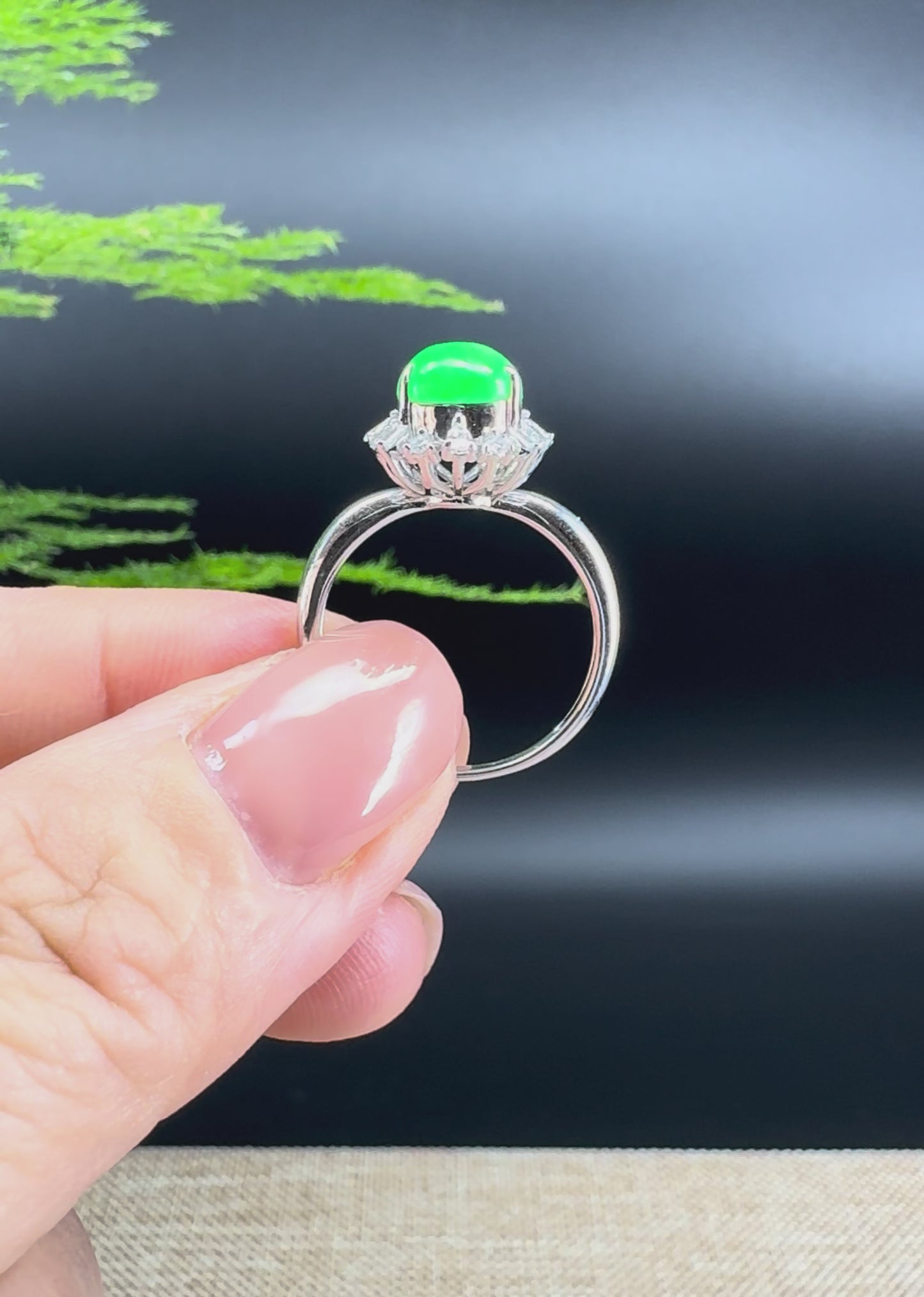 RealJade® "Amelie" 18k White Gold Natural Icy Green Jadeite Hulu Ring With Diamonds