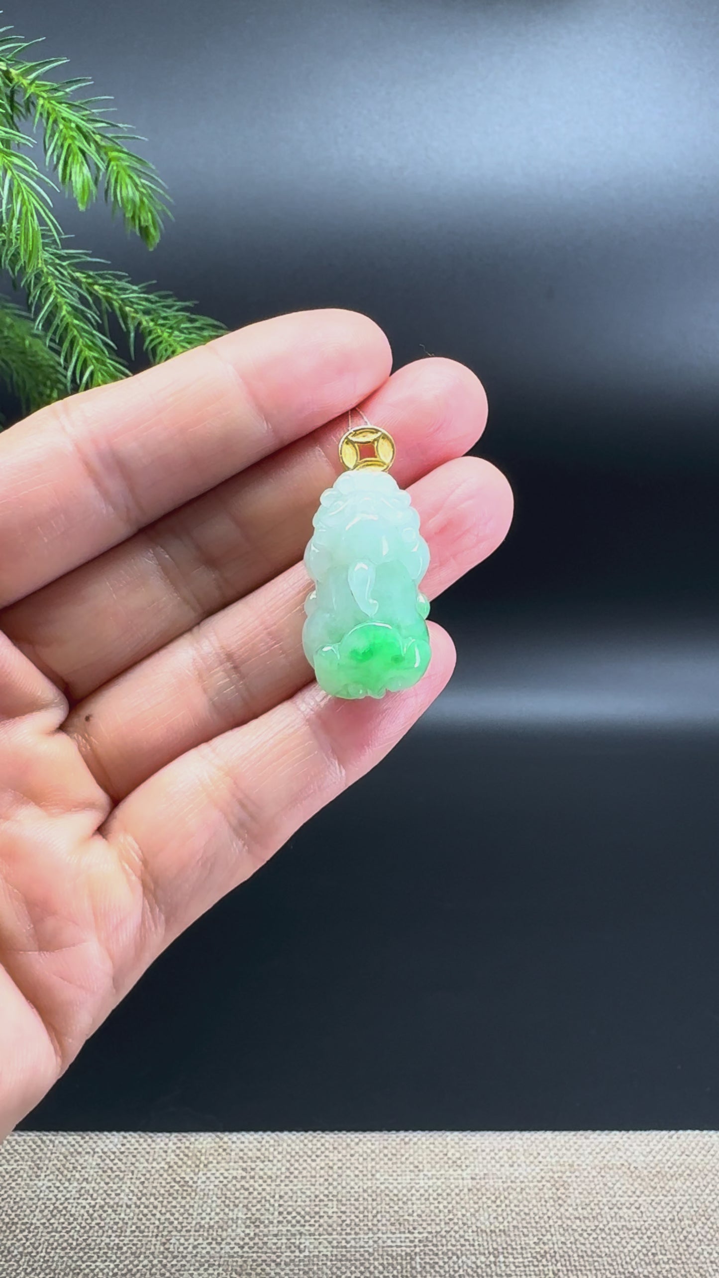RealJade® Co. 18K Yellow Gold Genuine White Green (BDQ) Jadeite Jade PiXiu Pendant