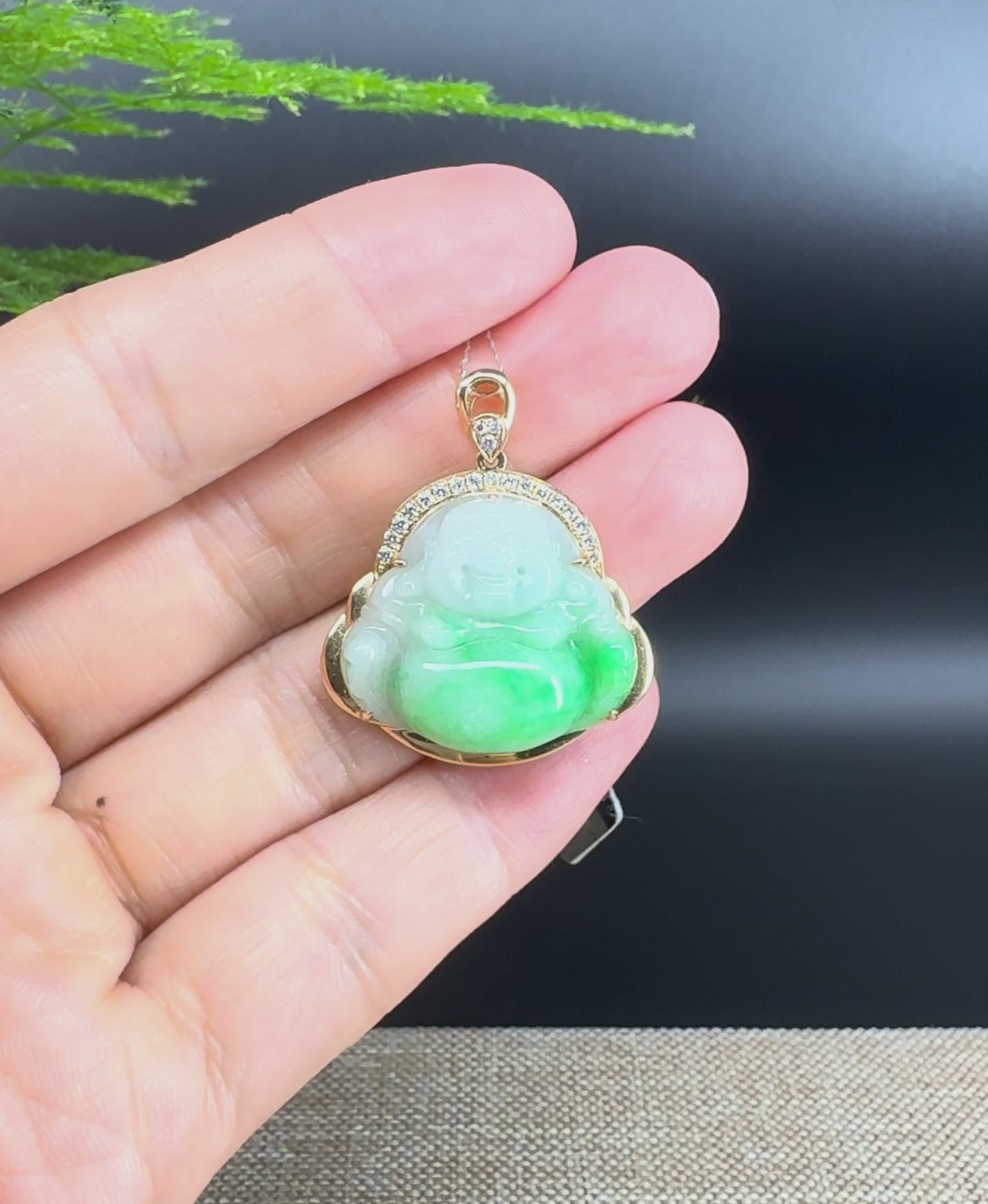 Load and play video in Gallery viewer, 14K Yellow Gold Burmese Green Jadeite Jade Happy Buddha Pendant With Diamonds

